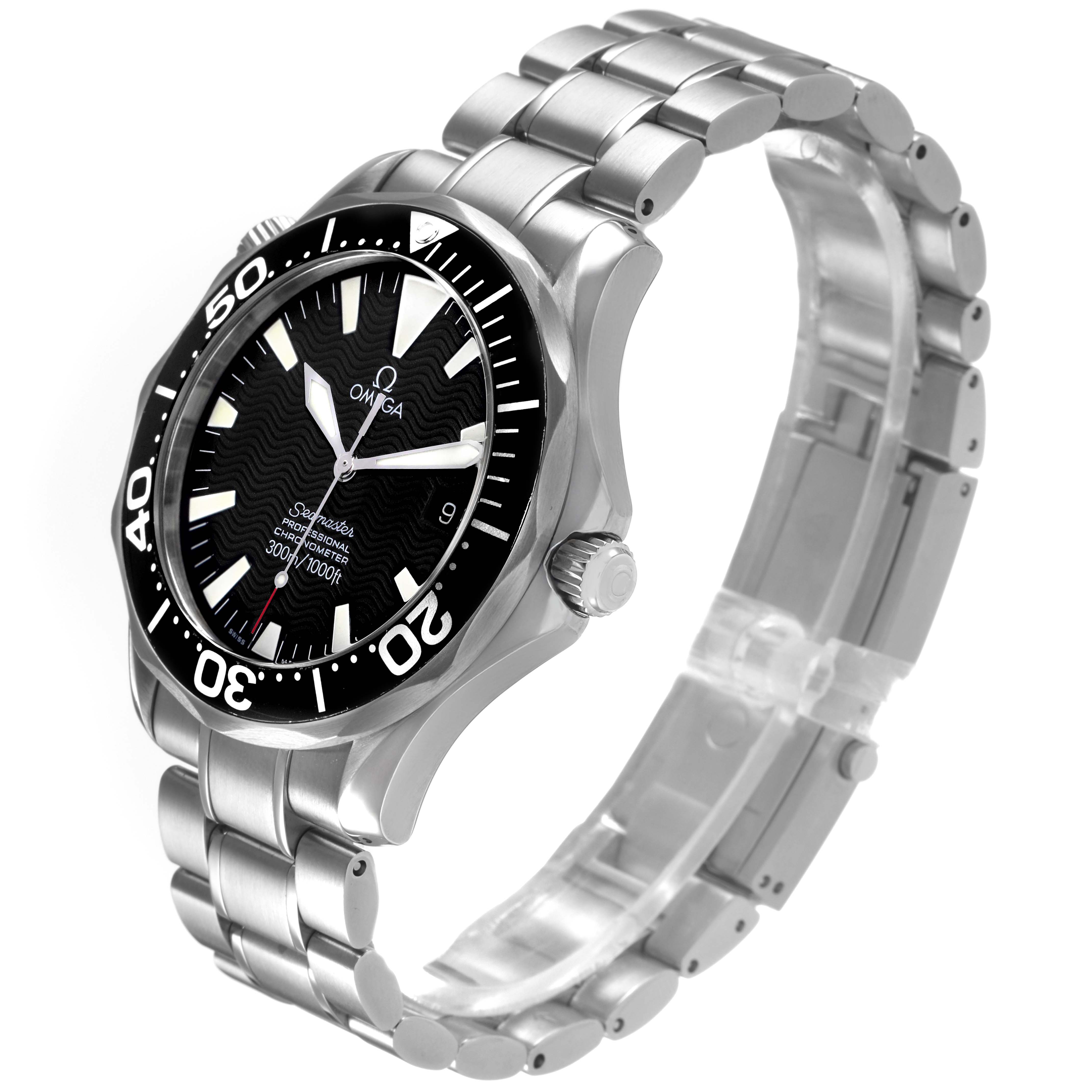 The Omega Seamaster 2254.50.00 Men's Stainless Steel Black Dial watch is shown at an angle displaying the face, bezel, crown, and full bracelet.