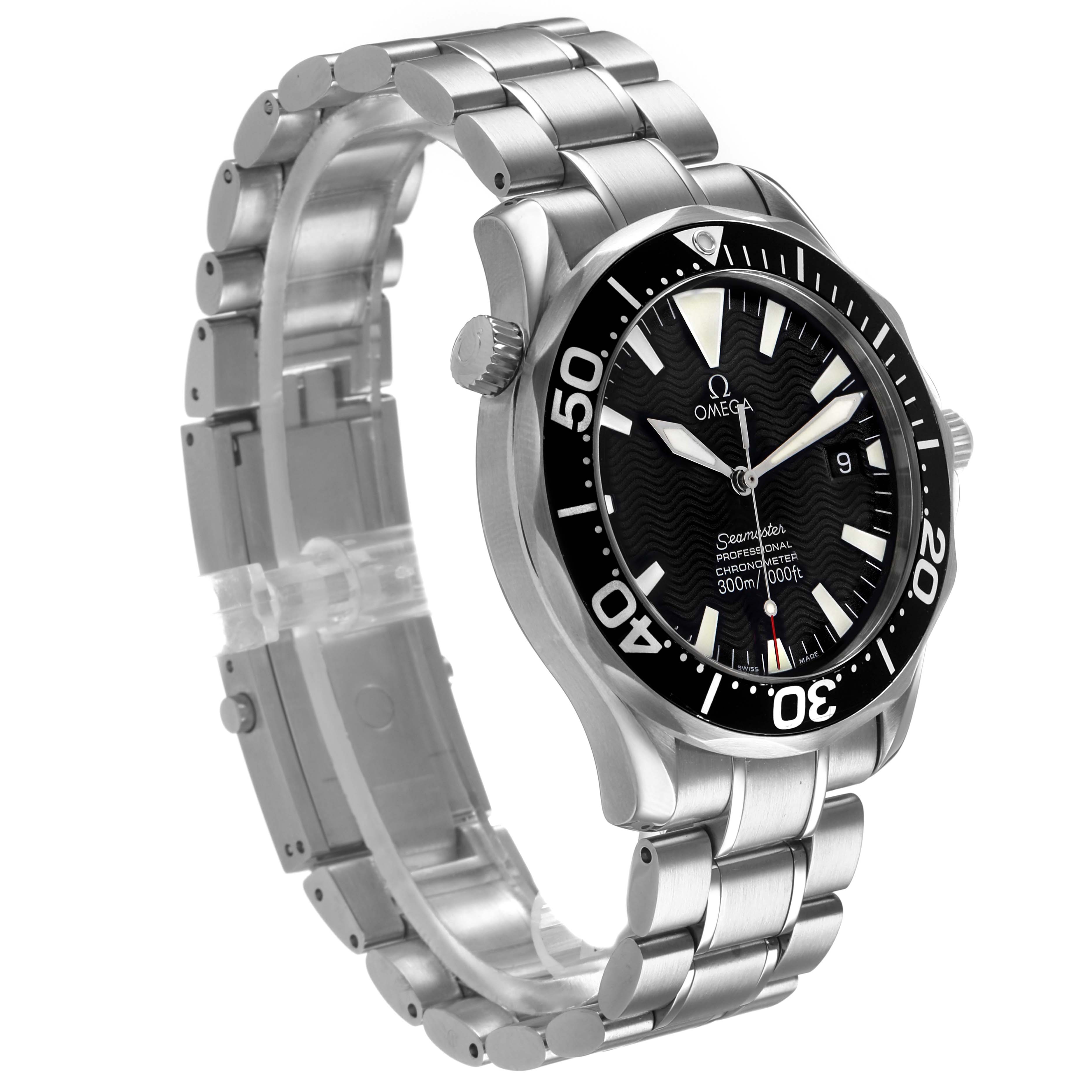 The Omega Seamaster 2254.50.00 Men's Stainless Steel Black Dial watch is shown at a three-quarter angle, highlighting the face, bezel, and metal bracelet.