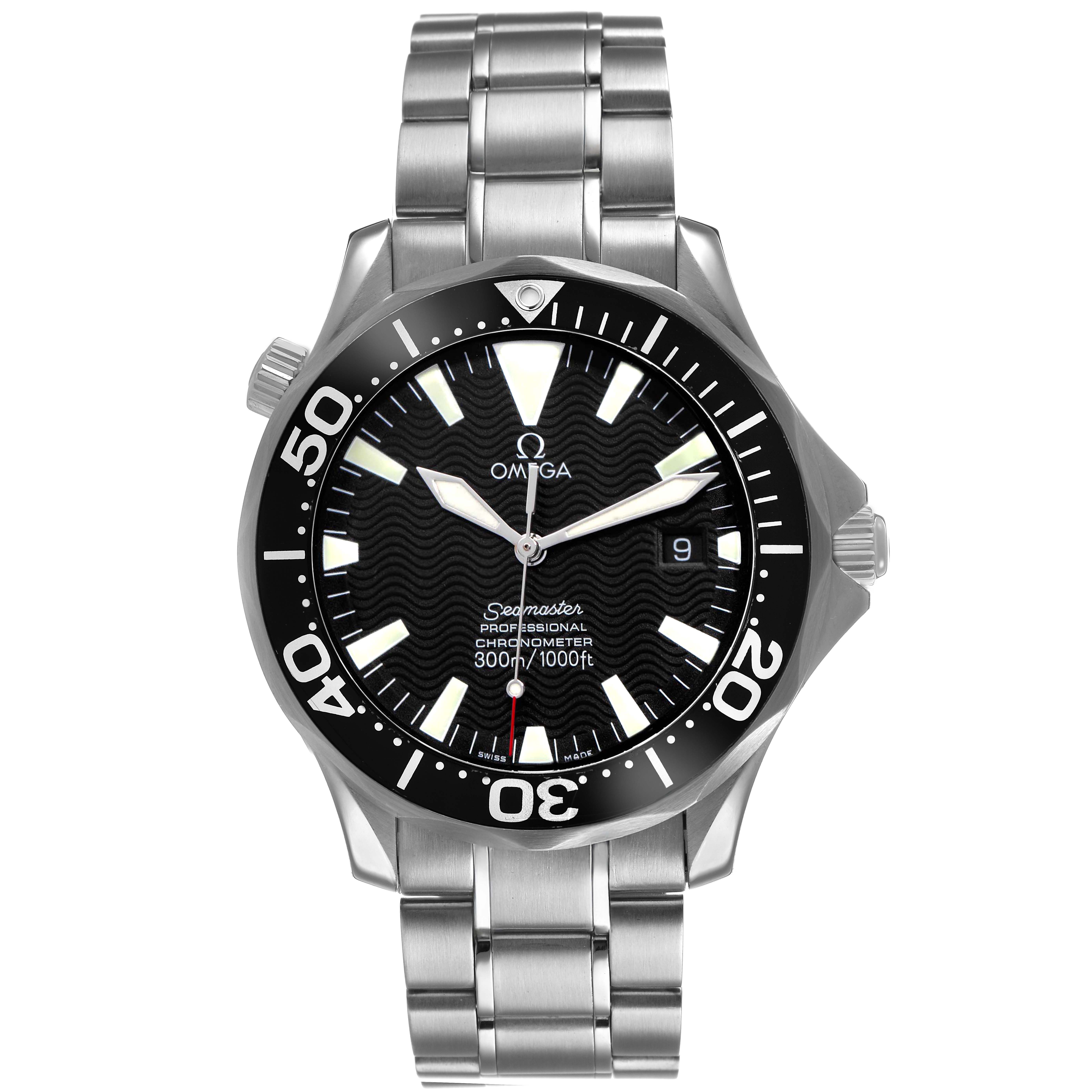 The Omega Seamaster 2254.50.00 Men's Stainless Steel Black Dial watch is shown from a front angle, highlighting the dial, bezel, and stainless steel strap.