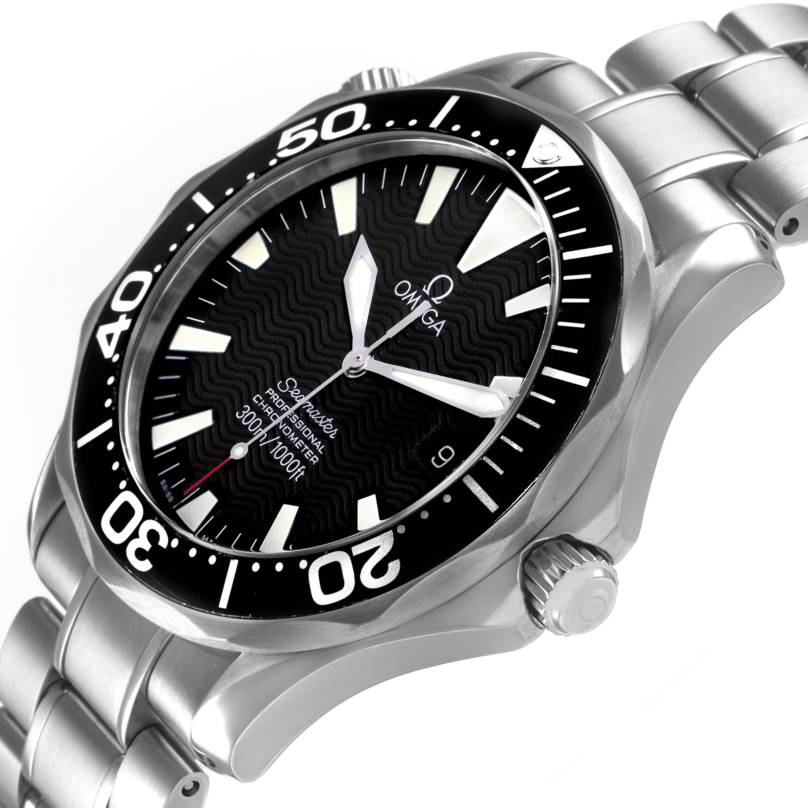 The Omega Seamaster 2254.50.00 Men's Stainless Steel Black Dial watch is shown at an angled view, highlighting the bezel, face, and stainless steel bracelet.