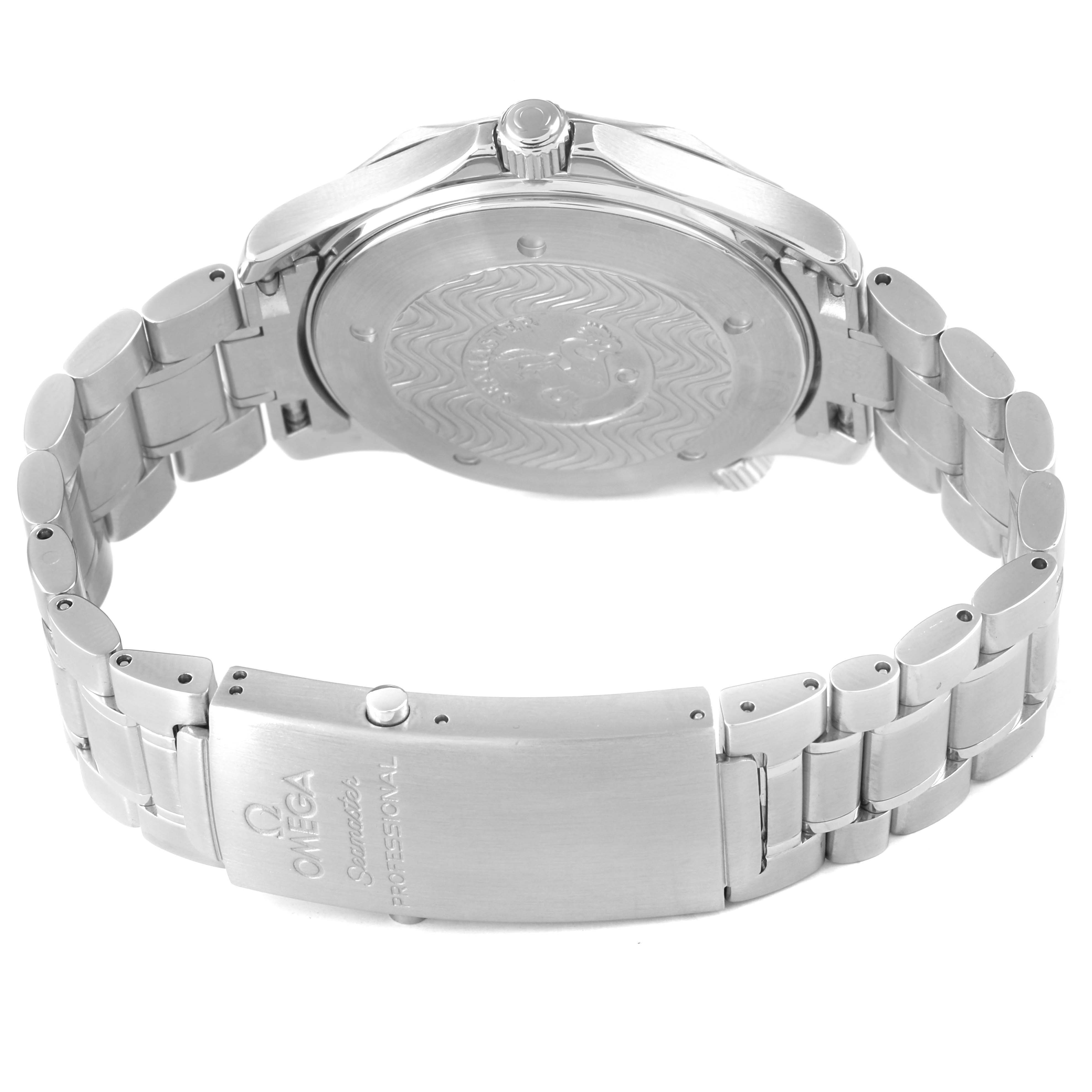 The image shows the back and clasp of the Omega Seamaster 2254.50.00 Men's Stainless Steel Black Dial watch, highlighting the bracelet and engraved case back.