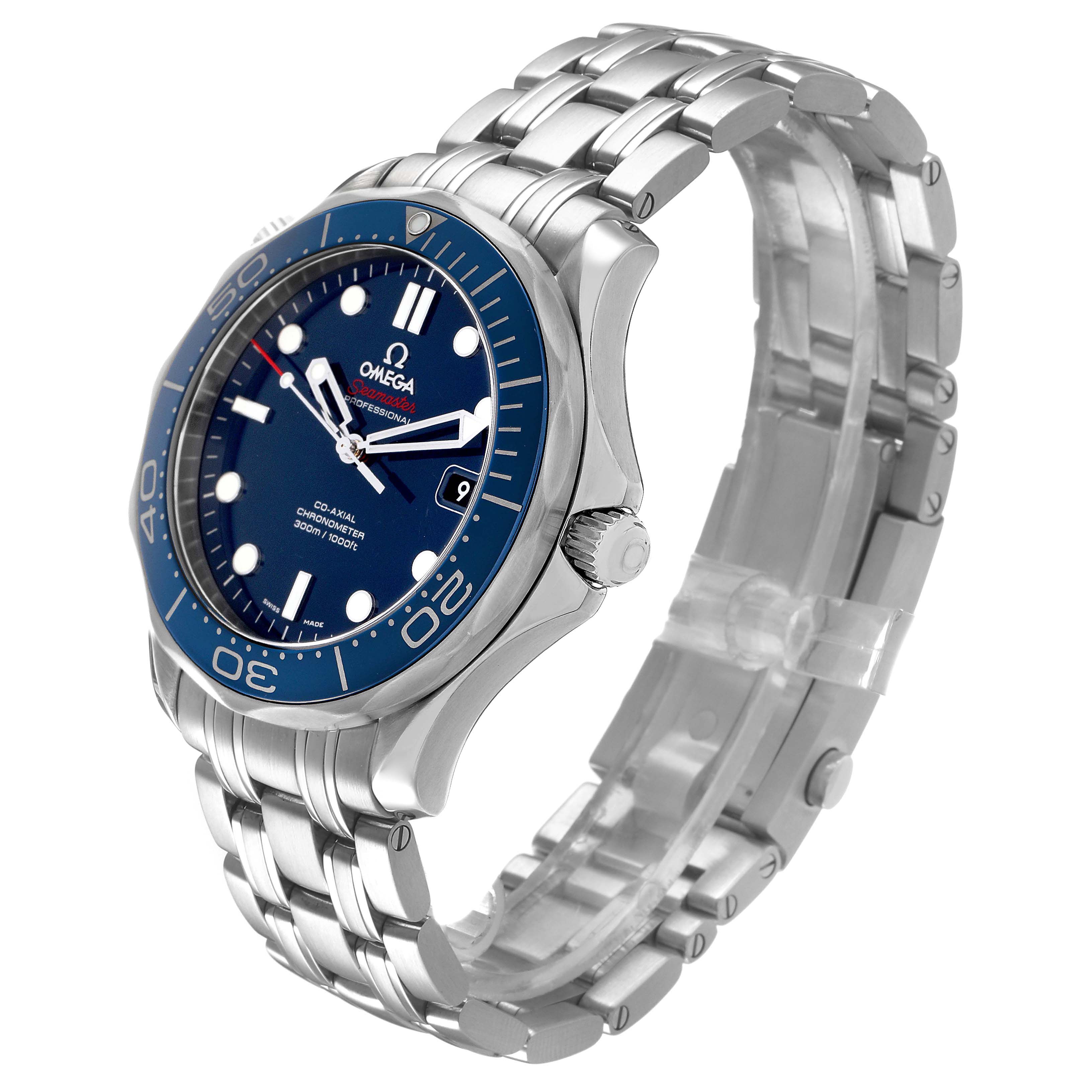 The Omega Seamaster 212.30.41.20.03.001 Men's Stainless Steel Blue Dial watch is shown from a front-side angle, highlighting the blue dial, bezel, case, and metal bracelet.