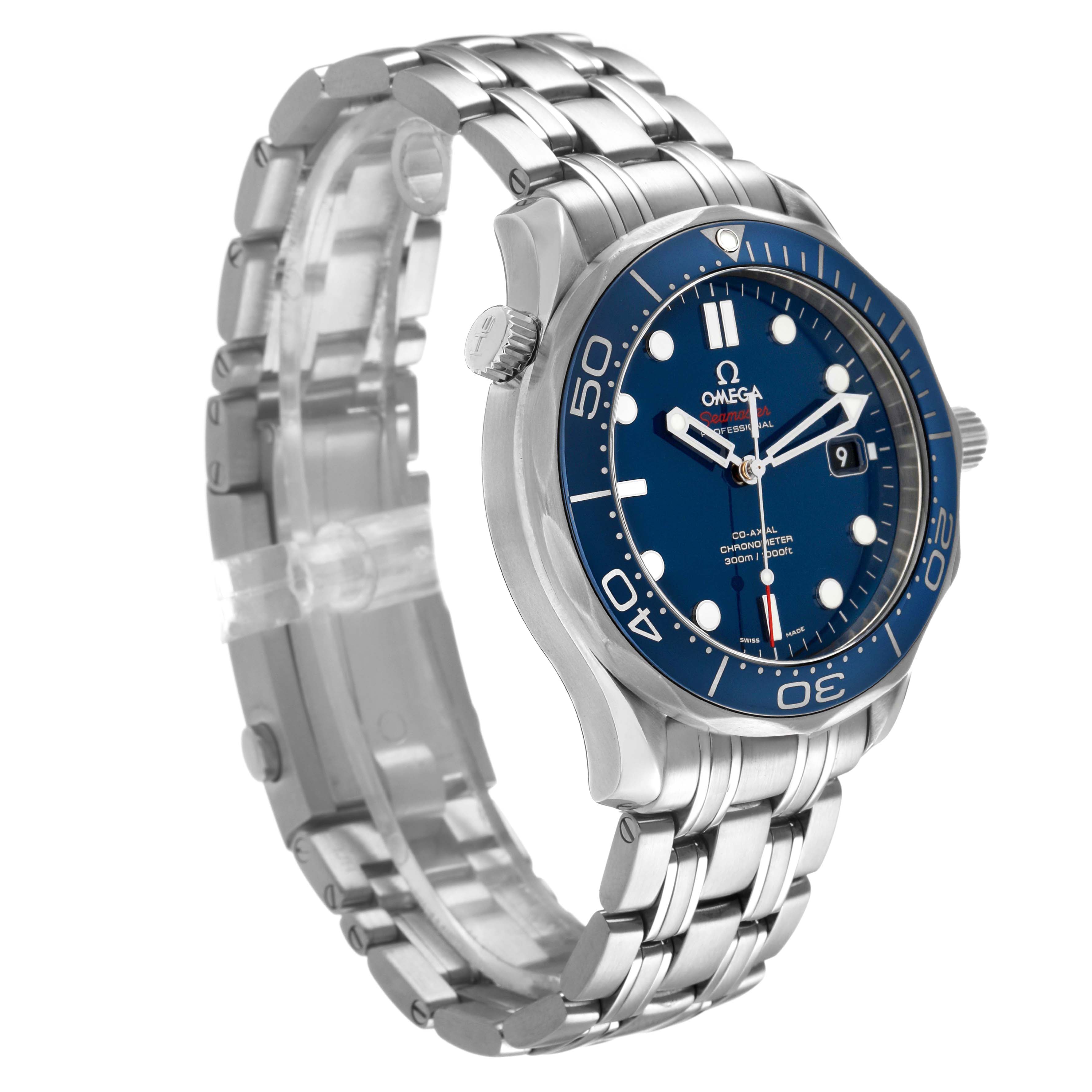 The Omega Seamaster 212.30.41.20.03.001 Men's Stainless Steel Blue Dial model is shown at a three-quarter angle, highlighting the face, bezel, crown, and bracelet.