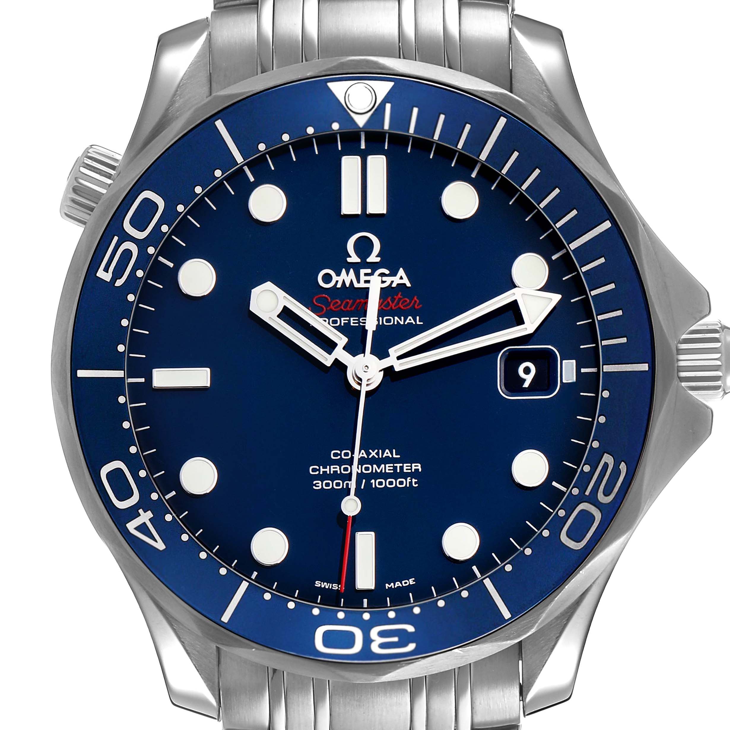 The image shows a front view of the Omega Seamaster 212.30.41.20.03.001 Men's Stainless Steel Blue Dial, highlighting the dial, bezel, and part of the bracelet.