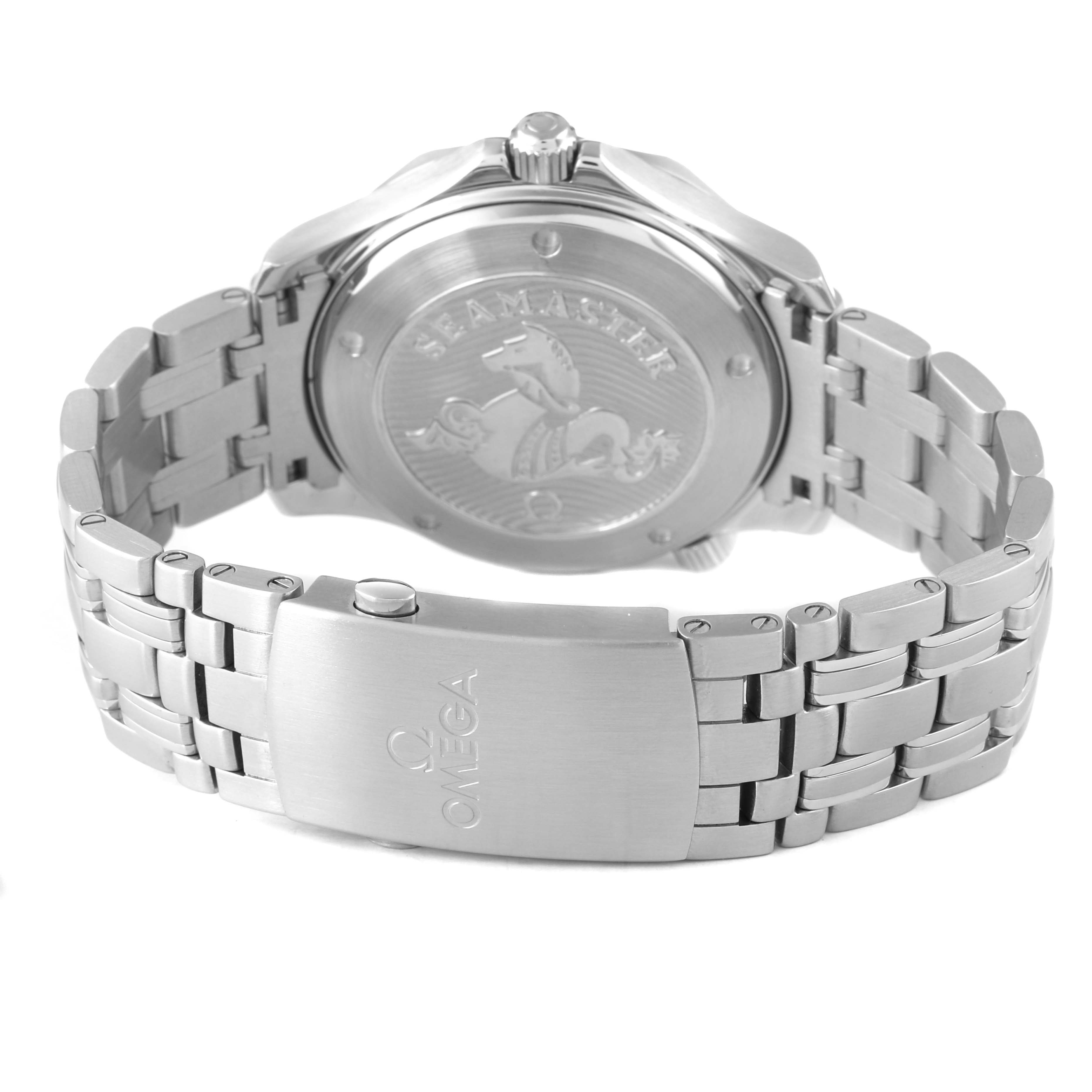 The Omega Seamaster 212.30.41.20.03.001 Men's Stainless Steel Blue Dial watch is shown from the back, highlighting the case back and metal bracelet with the Omega logo on the clasp.