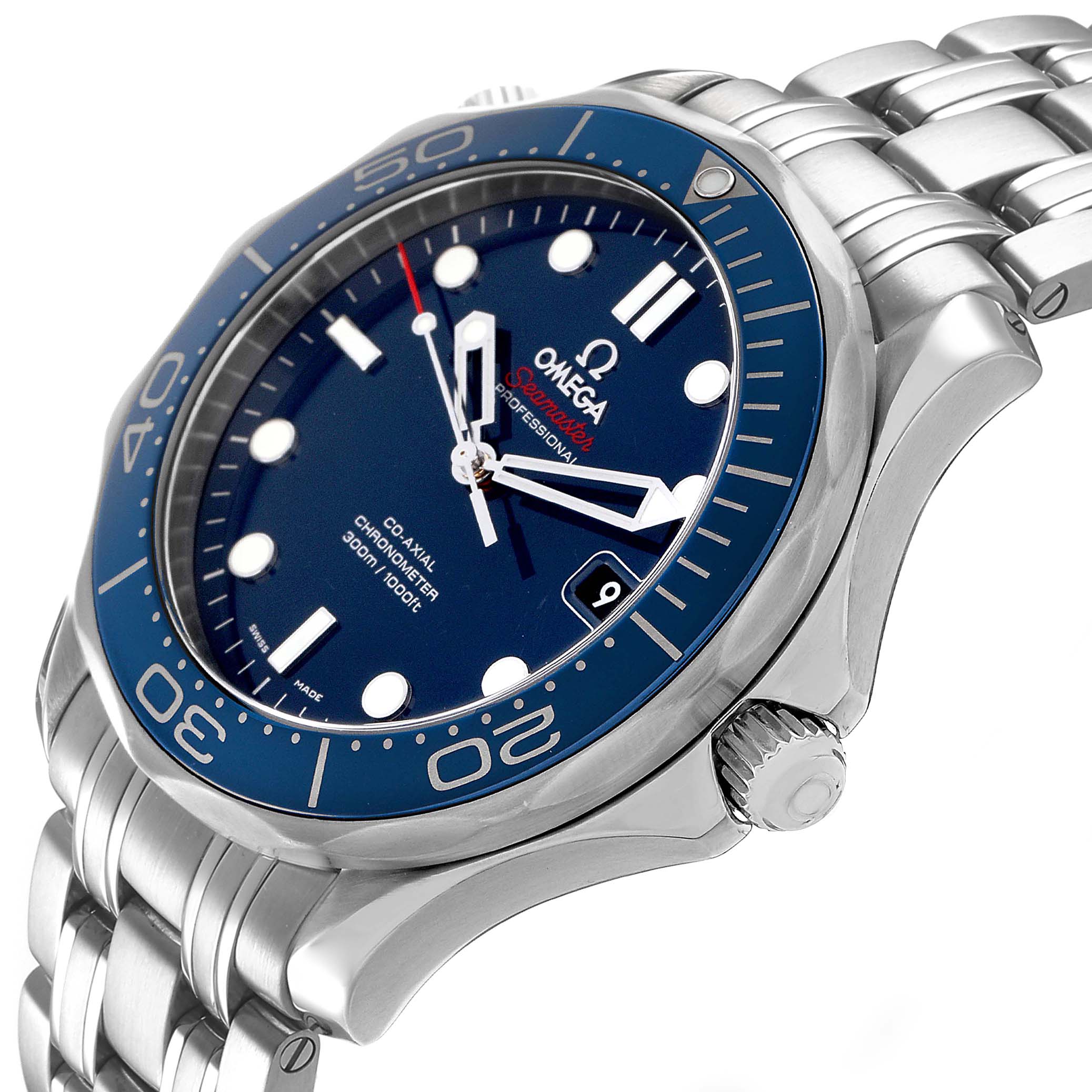 The Omega Seamaster 212.30.41.20.03.001 Men's Stainless Steel Blue Dial watch is shown from a side angle, displaying the dial, bezel, crown, and bracelet.