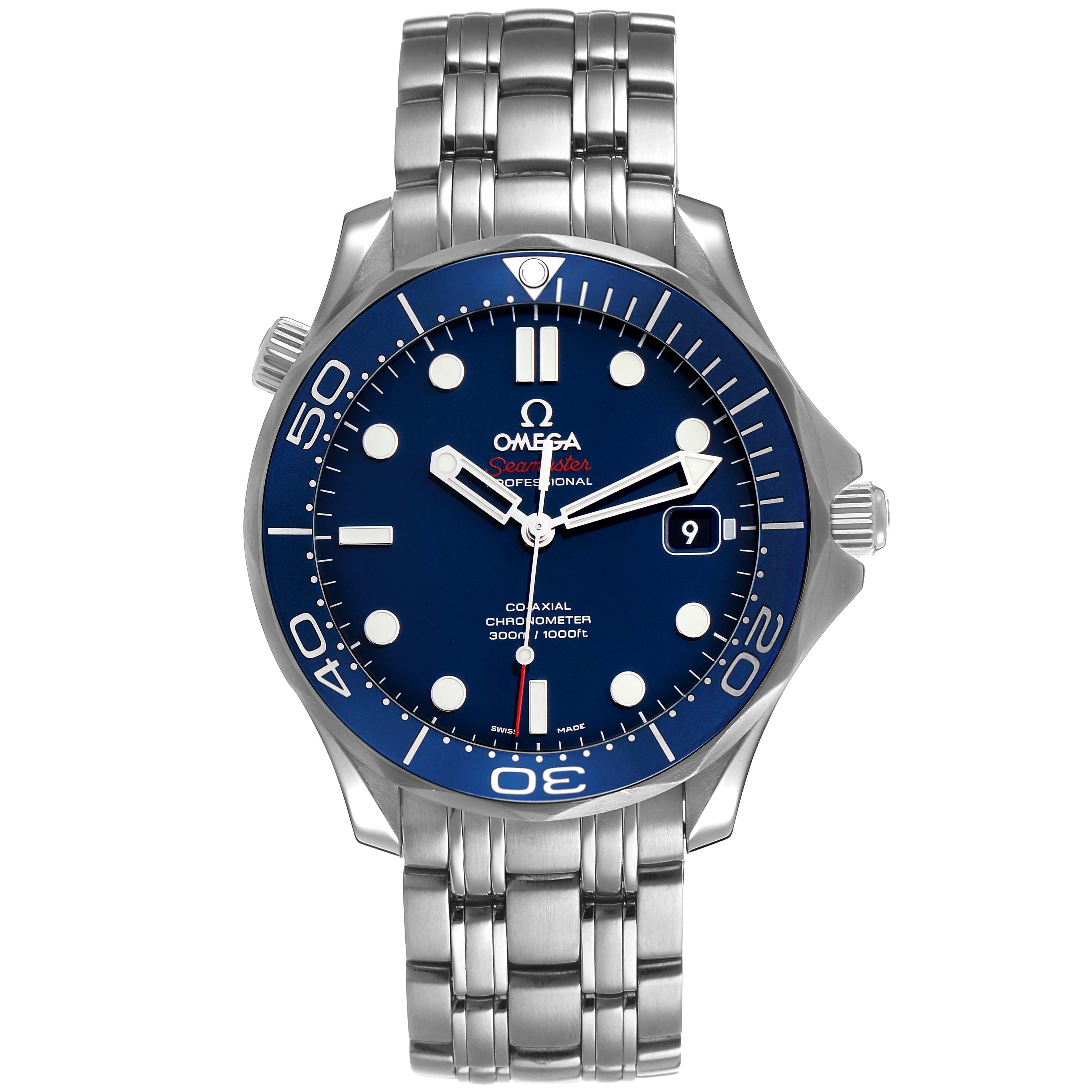 The Omega Seamaster 212.30.41.20.03.001 Men's Stainless Steel Blue Dial watch is shown from a top-down angle, highlighting its face, bezel, crown, and bracelet.