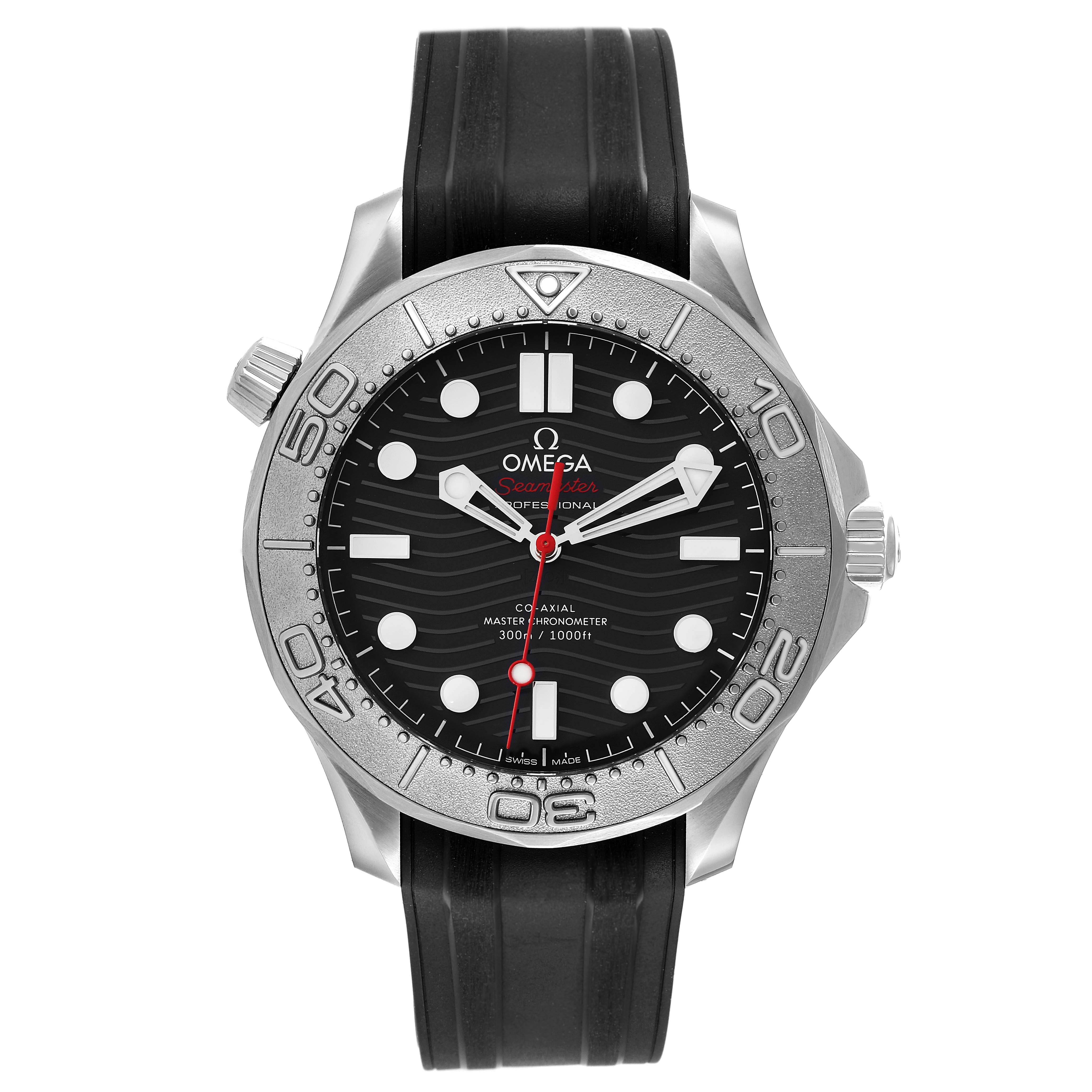 The image shows a front view of the Omega Seamaster 210.32.42.20.01.002 Men
s Stainless Steel Black Dial 210.32.42.20.01.002 Men
s Stainless Steel Black Dial watch, highlighting the dial, bezel, hands, and black strap.