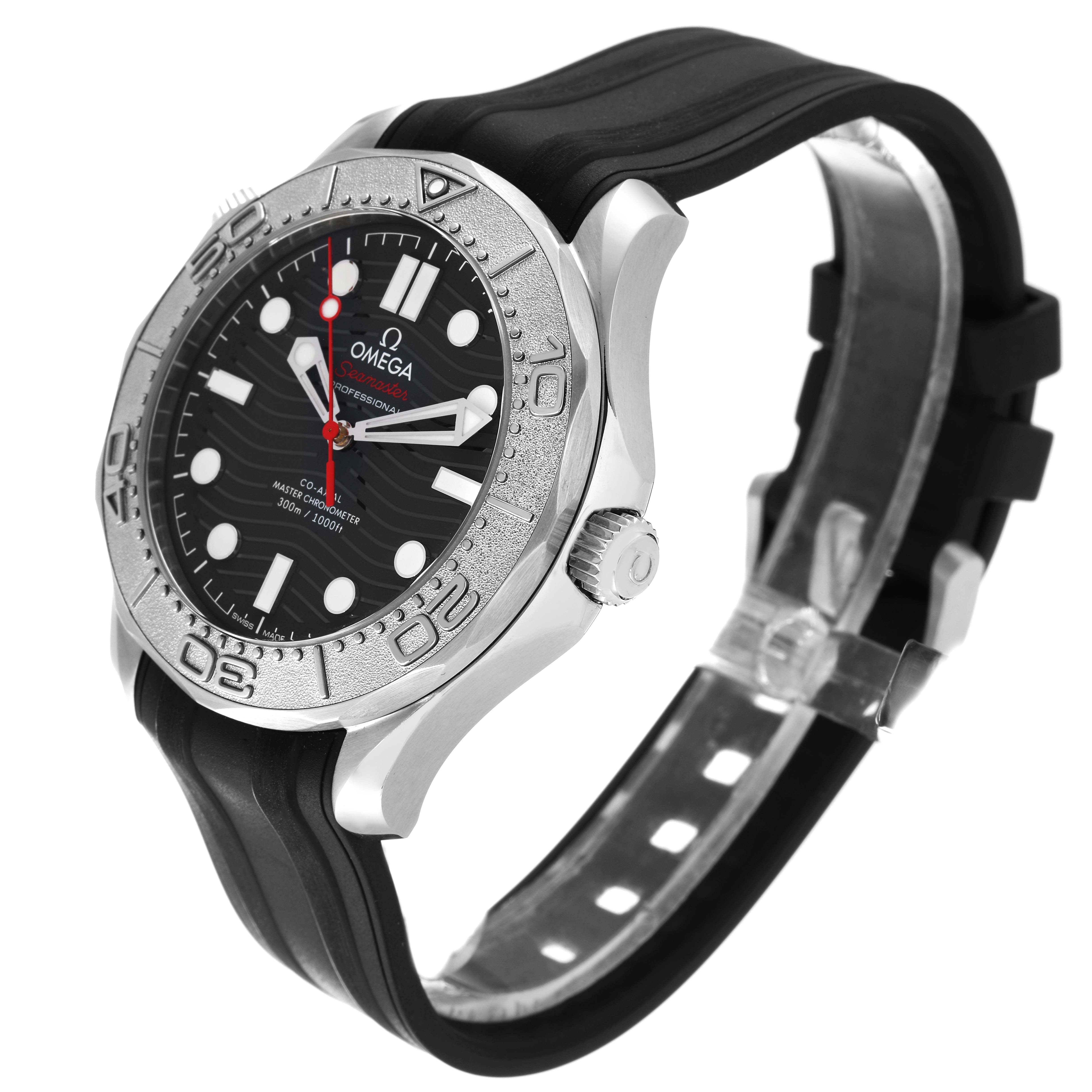 The image shows a side and angled top view of the Omega Seamaster 210.32.42.20.01.002 Men
s Stainless Steel Black Dial 210.32.42.20.01.002 Men
s Stainless Steel Black Dial watch, displaying its bezel, dial, crown, and strap.