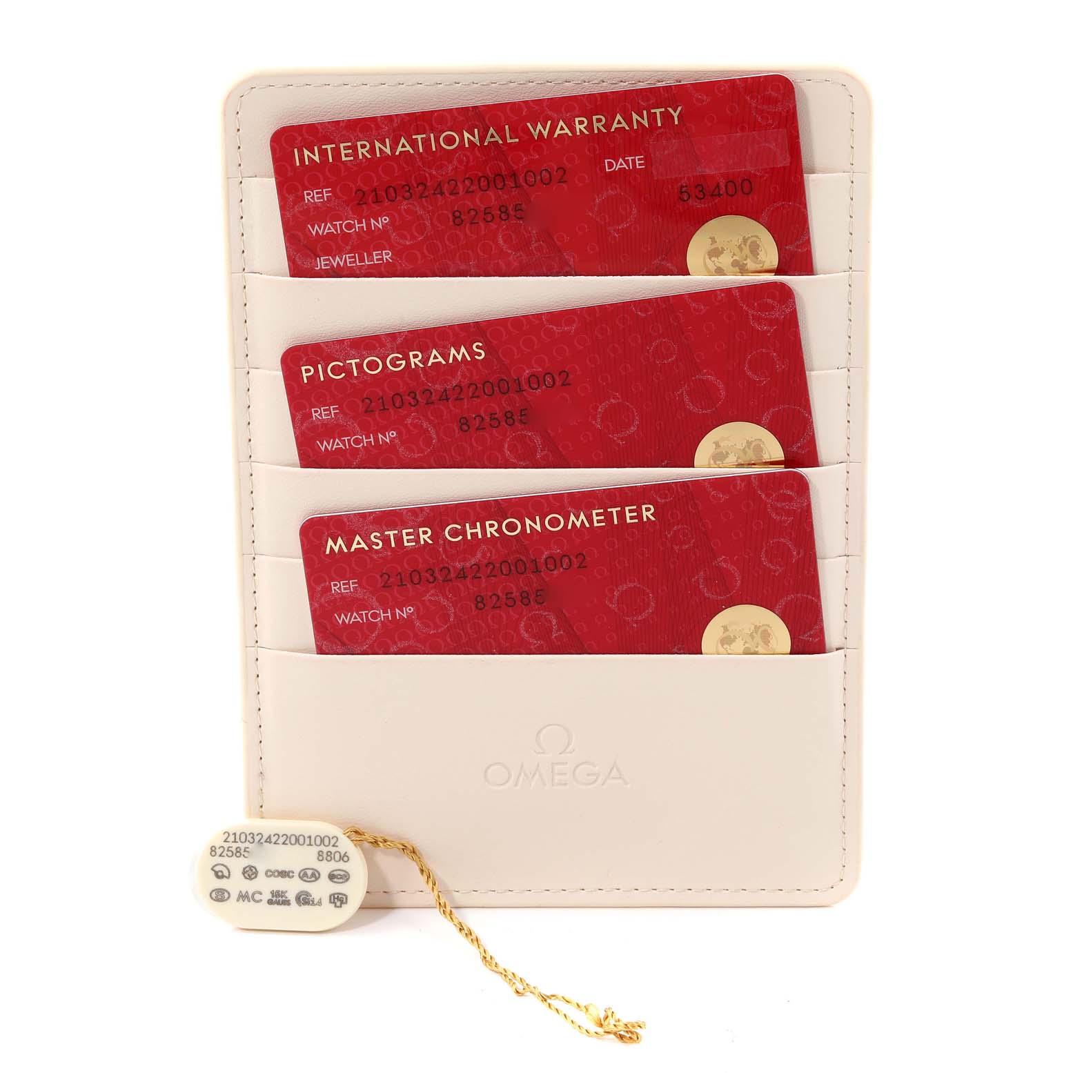 This image shows the warranty cards and tags for an Omega Seamaster 210.32.42.20.01.002 Men
s Stainless Steel Black Dial 210.32.42.20.01.002 Men
s Stainless Steel Black Dial model.