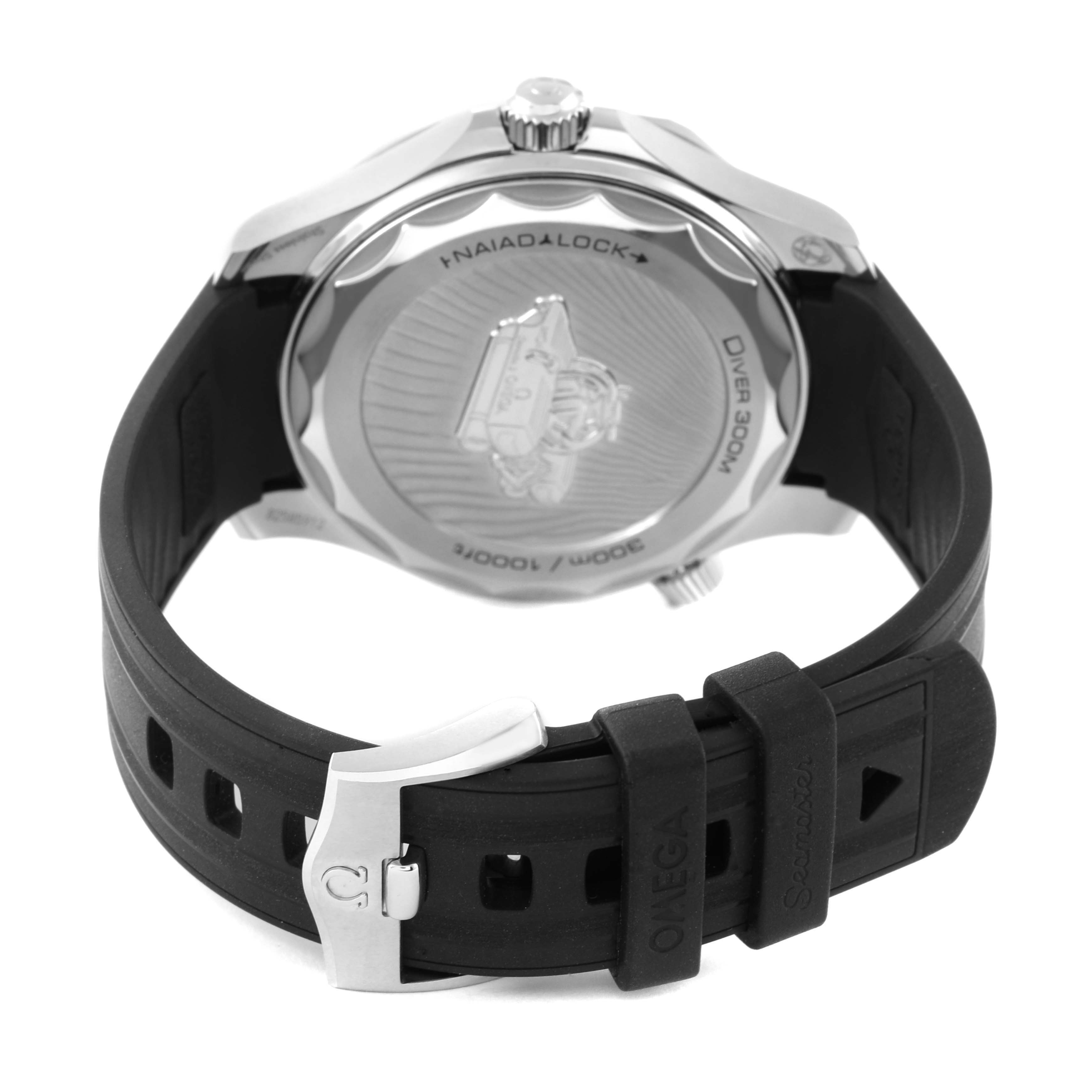 The image shows the back case and strap of an Omega Seamaster 210.32.42.20.01.002 Men
s Stainless Steel Black Dial 210.32.42.20.01.002 Men
s Stainless Steel Black Dial watch, including its clasp and engravings.