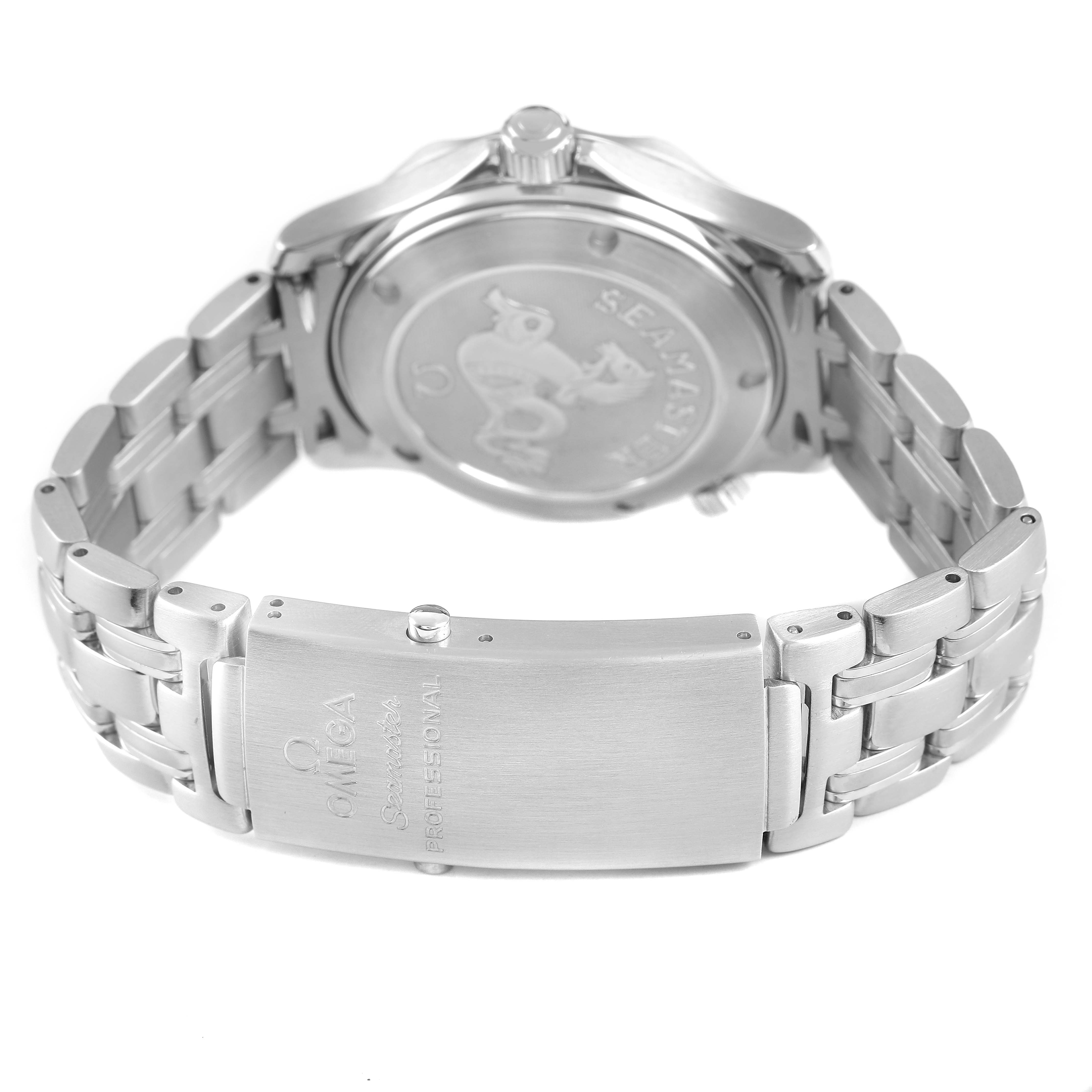 The Omega Seamaster 2222.80.00 Men's Stainless Steel Blue Dial watch is shown from the back, highlighting its clasp and engraved case back.