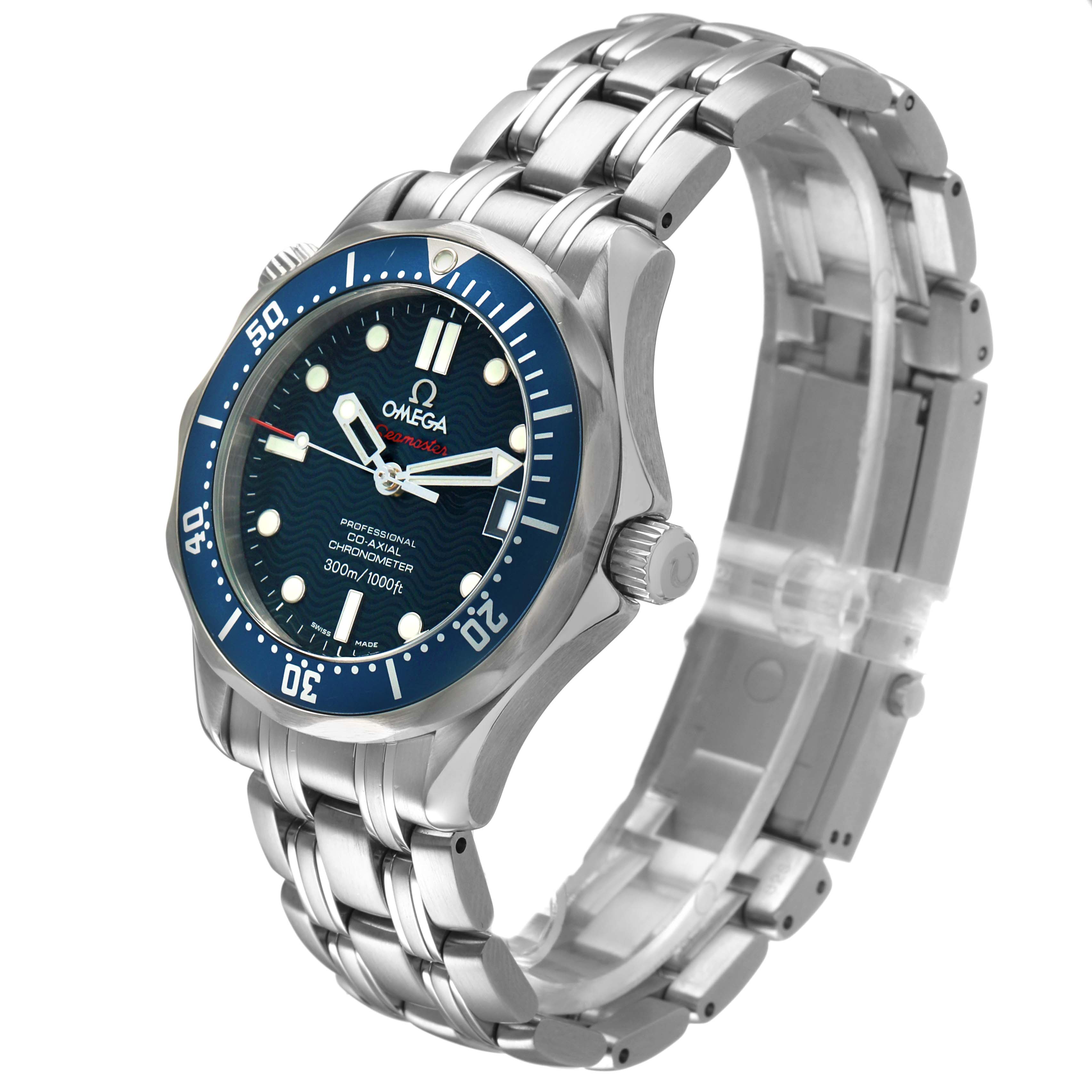 The Omega Seamaster 2222.80.00 Men's Stainless Steel Blue Dial watch is shown at an angled perspective highlighting the bracelet, bezel, and dial details.