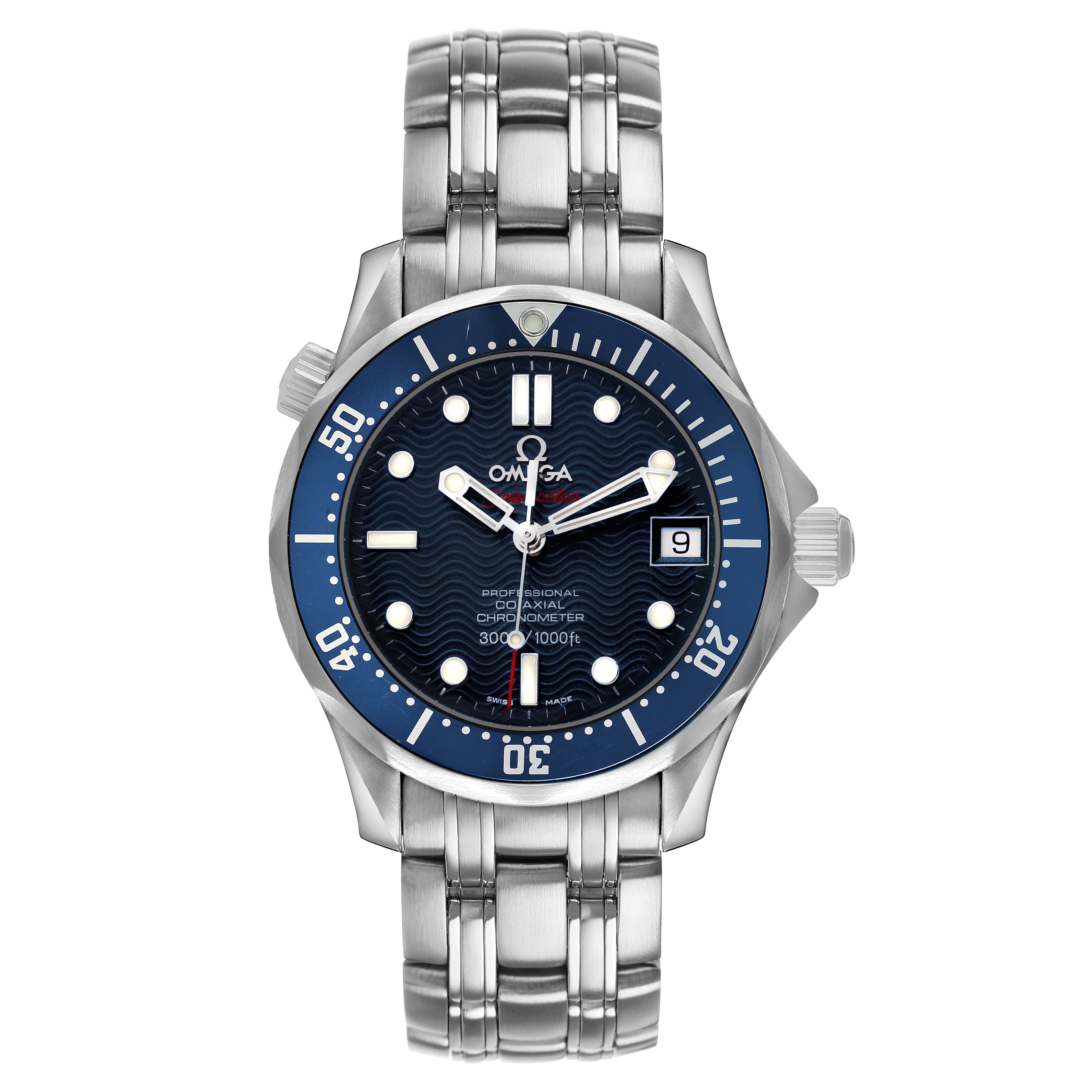 The Omega Seamaster 2222.80.00 Men's Stainless Steel Blue Dial watch is shown from a top-down angle, displaying the dial, bezel, bracelet, and crown.