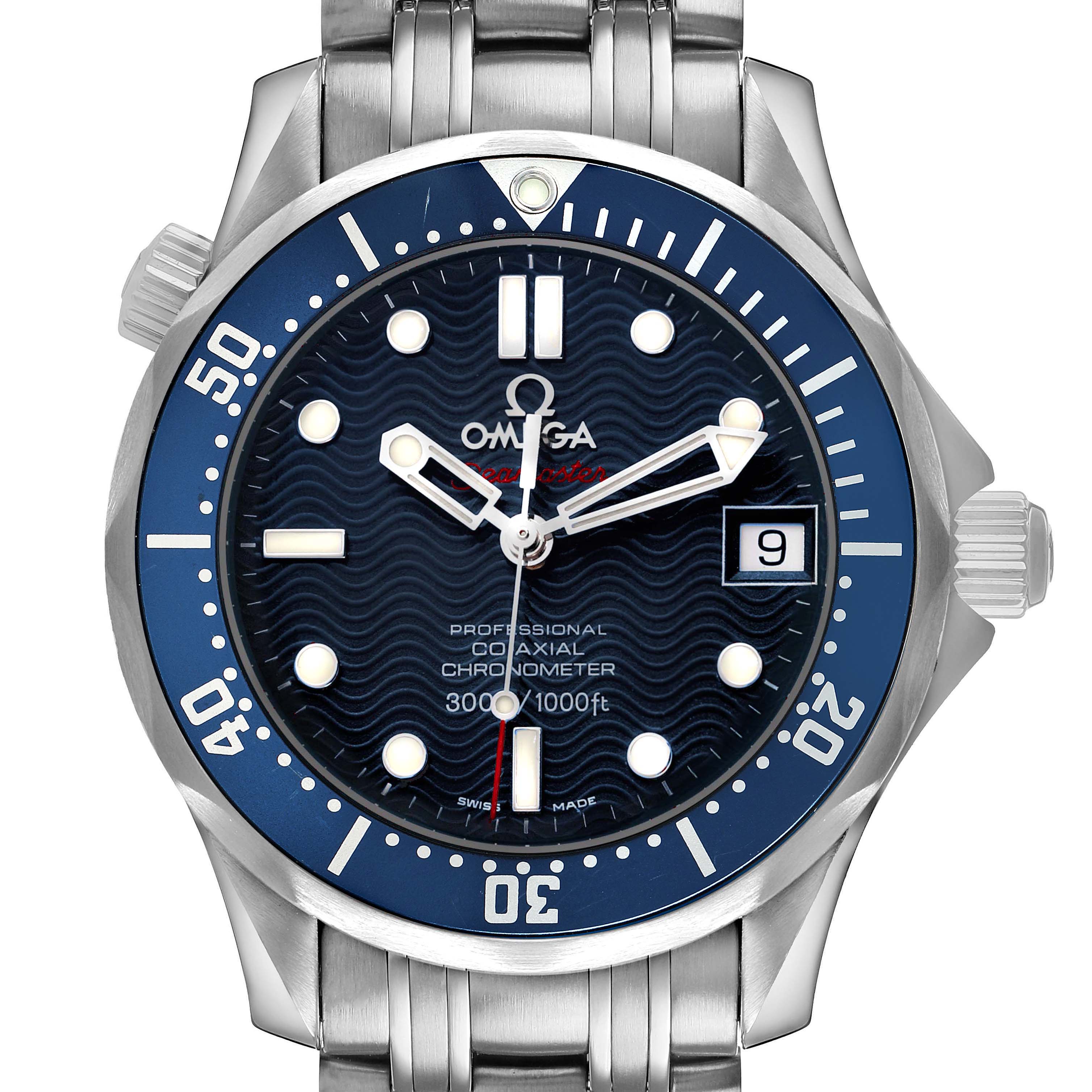 The Omega Seamaster 2222.80.00 Men's Stainless Steel Blue Dial watch is shown from the front, featuring the dial, bezel, and bracelet.