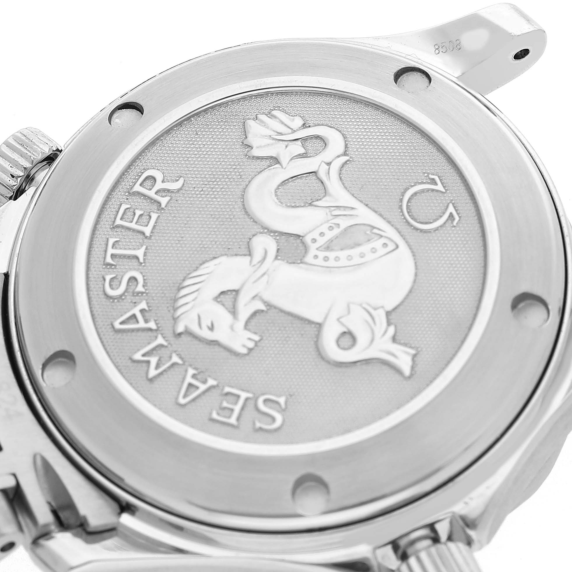 The image shows the case back of the Omega Seamaster 2222.80.00 Men's Stainless Steel Blue Dial model, featuring the engraved logo and text.