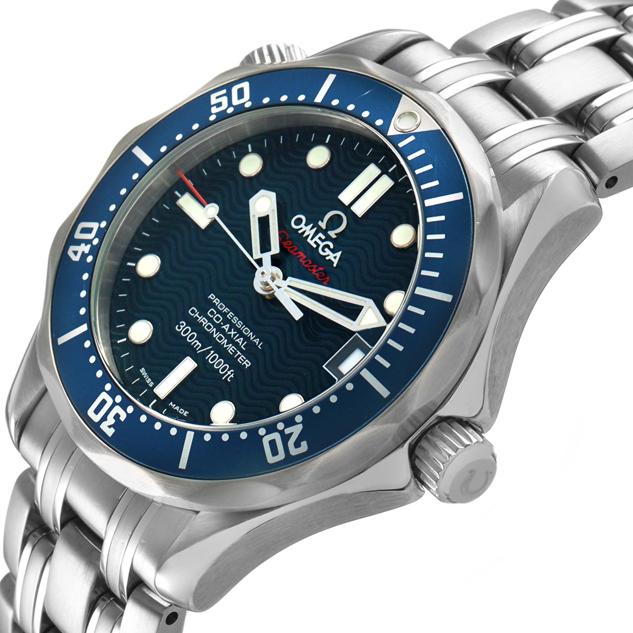 The Omega Seamaster 2222.80.00 Men's Stainless Steel Blue Dial watch is shown from a top-right angle, highlighting the bezel, dial, and bracelet.