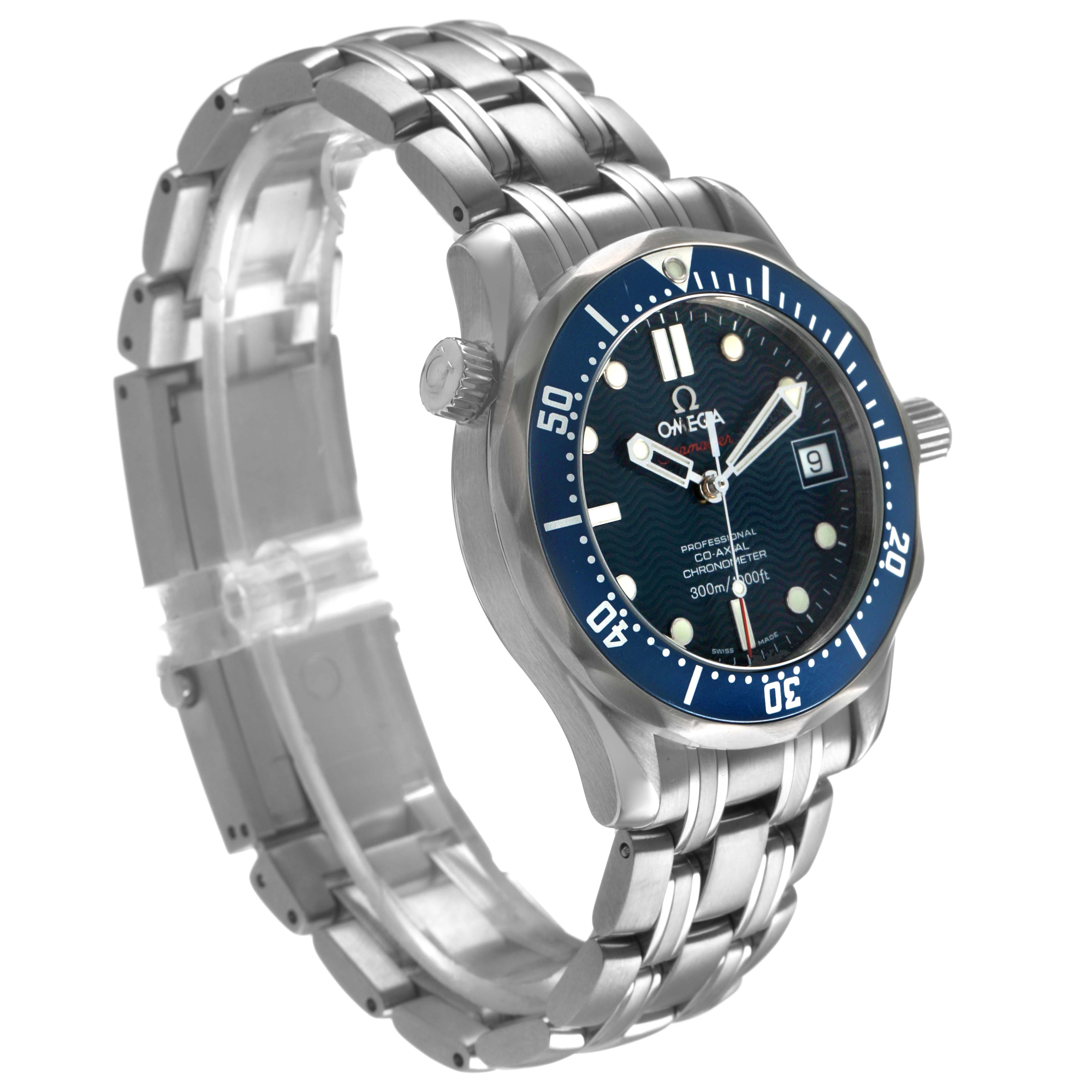 The Omega Seamaster 2222.80.00 Men's Stainless Steel Blue Dial watch is shown at a three-quarter angle, displaying the face, bezel, bracelet, and crown.