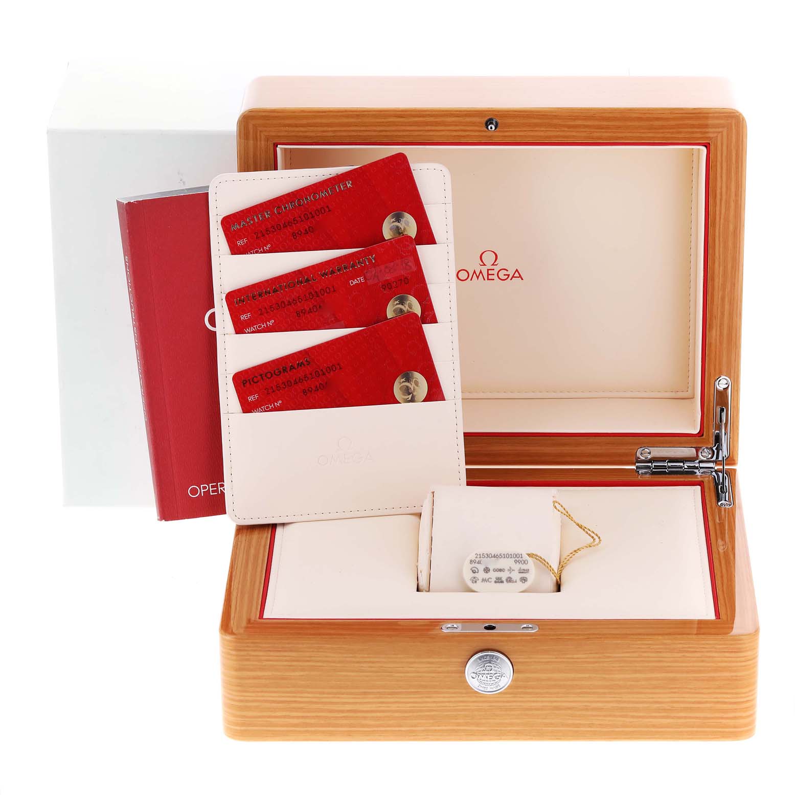 The image shows an Omega Planet Ocean 215.30.46.51.01.001 Men's Stainless Steel Black Dial 215.30.46.51.01.001 Men's Stainless Steel Black Dial watch box set, including warranty cards and an instruction manual, with the wooden box open.