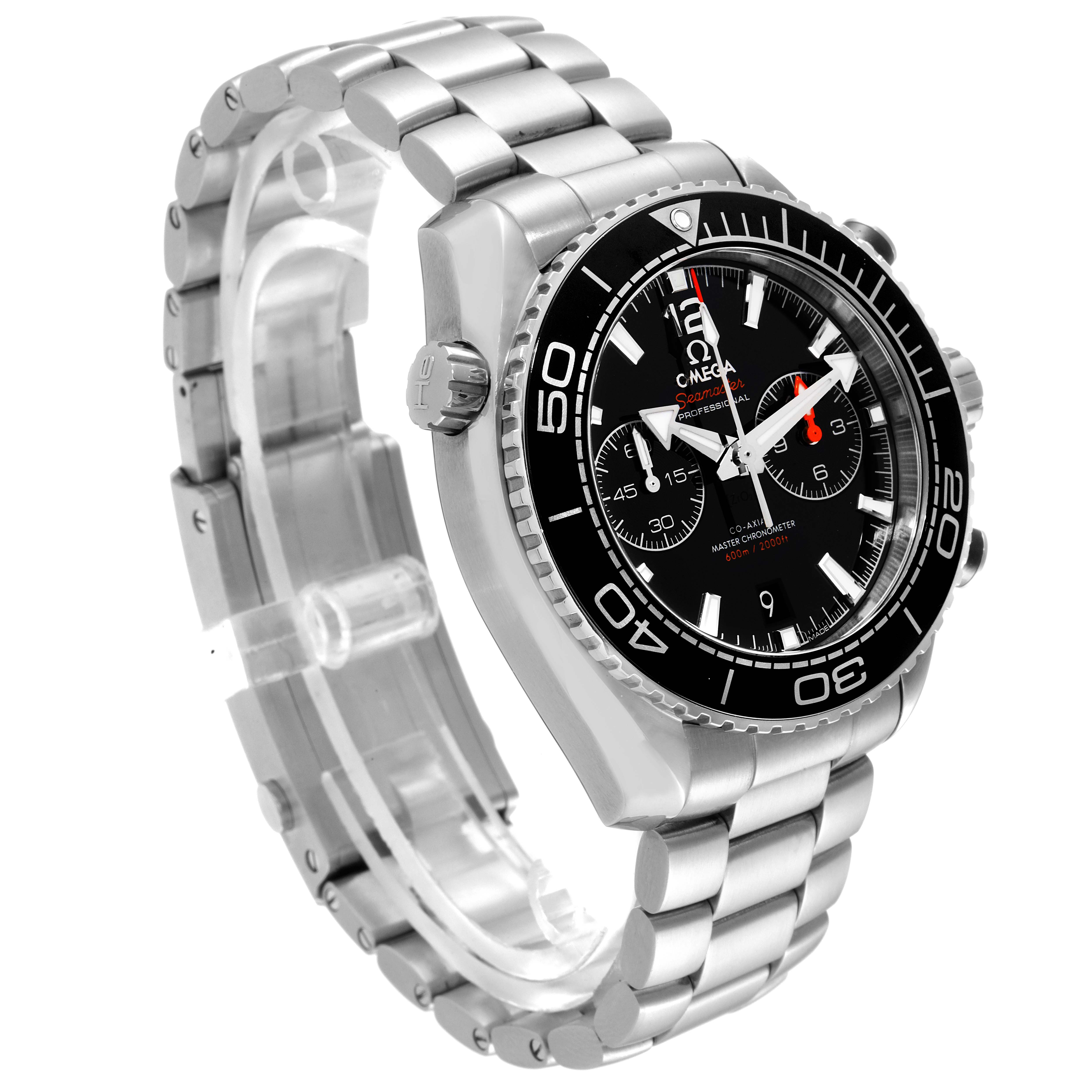 The image shows an Omega Planet Ocean 215.30.46.51.01.001 Men's Stainless Steel Black Dial 215.30.46.51.01.001 Men's Stainless Steel Black Dial watch from a three-quarter angle, highlighting the watch face, bezel, crown, and metal bracelet.