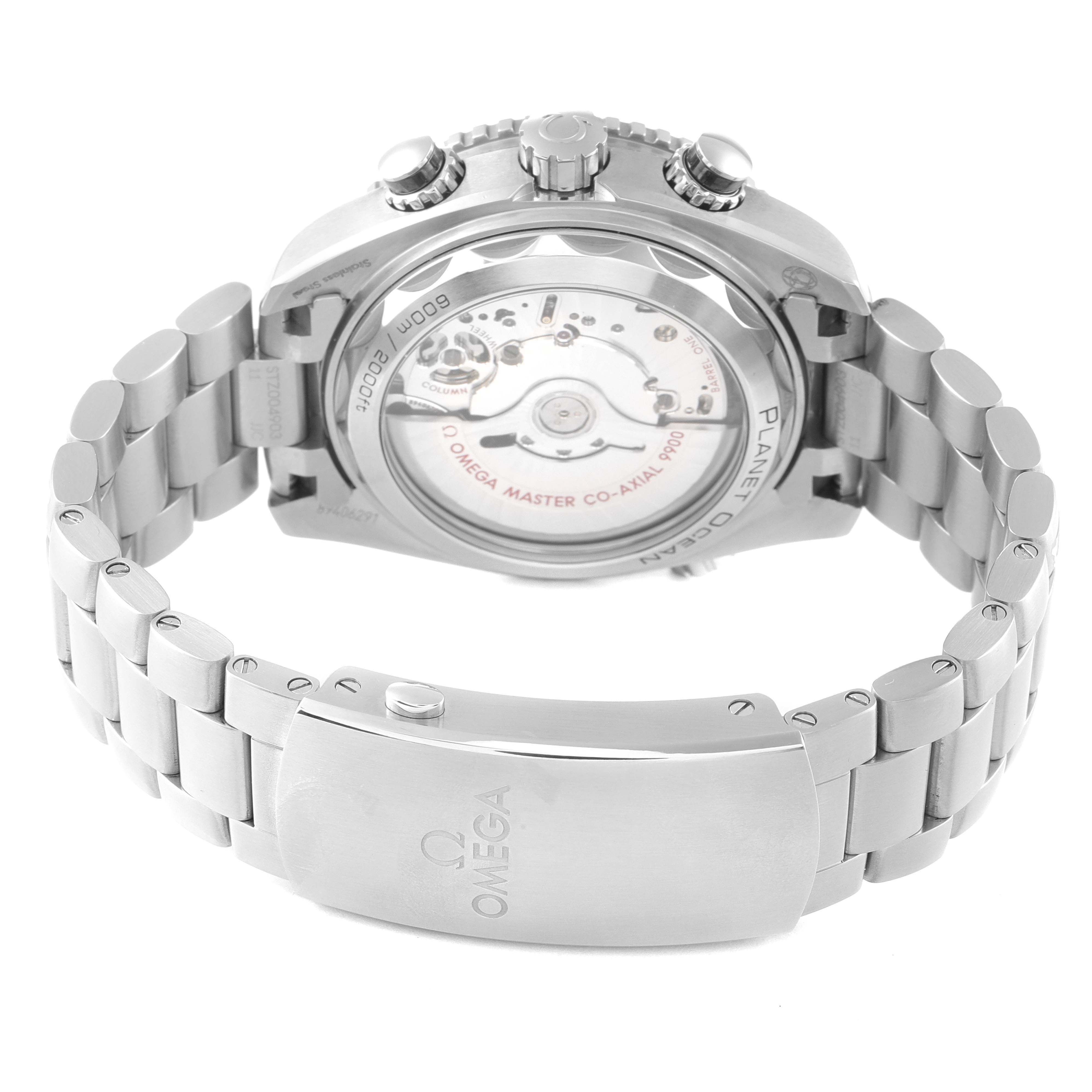 The image shows the back view of the Omega Planet Ocean 215.30.46.51.01.001 Men's Stainless Steel Black Dial 215.30.46.51.01.001 Men's Stainless Steel Black Dial watch, highlighting its bracelet and visible movement through a transparent case back.