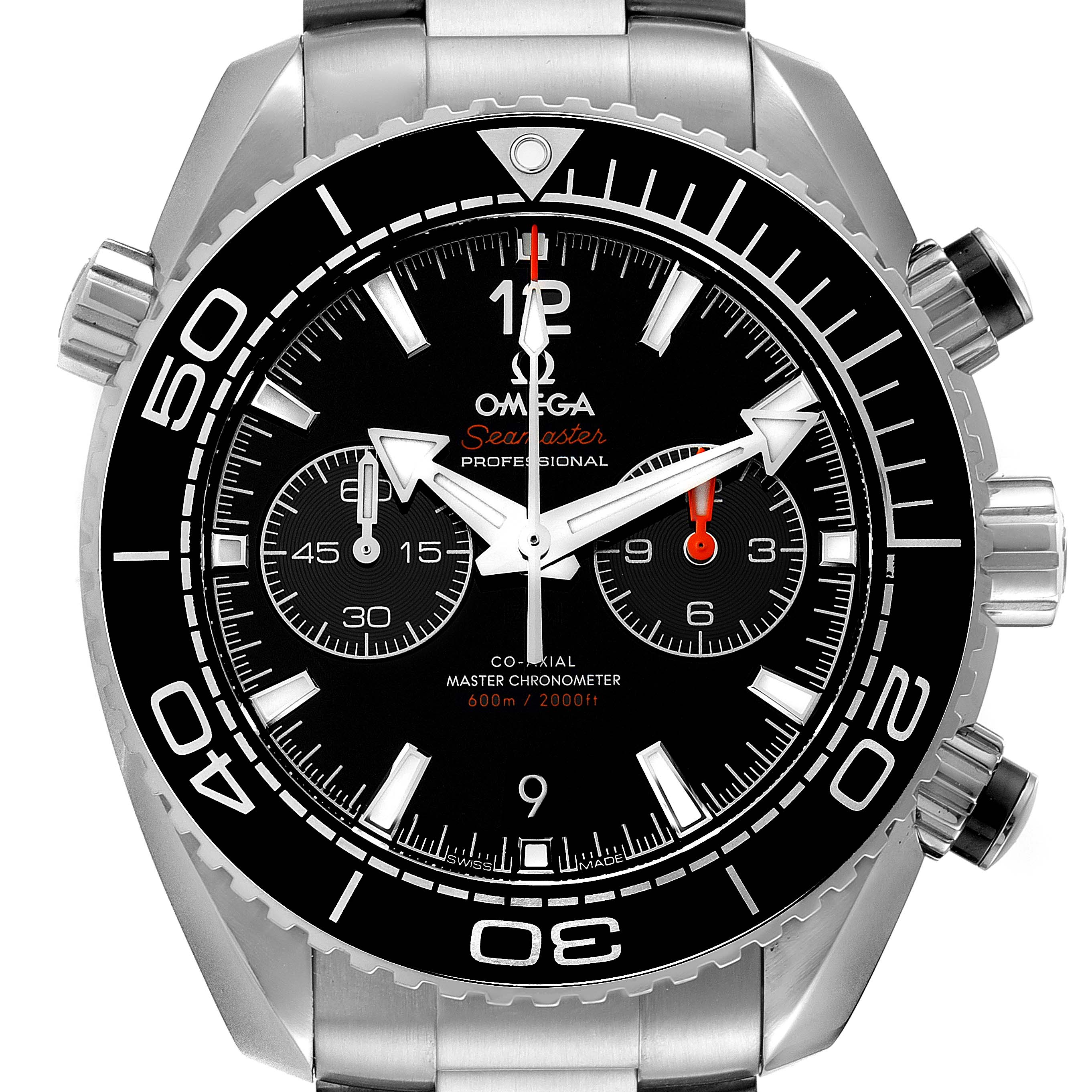 The image shows a front view of the Omega Planet Ocean 215.30.46.51.01.001 Men's Stainless Steel Black Dial 215.30.46.51.01.001 Men's Stainless Steel Black Dial watch, displaying its black dial, chronograph subdials, and stainless steel case.