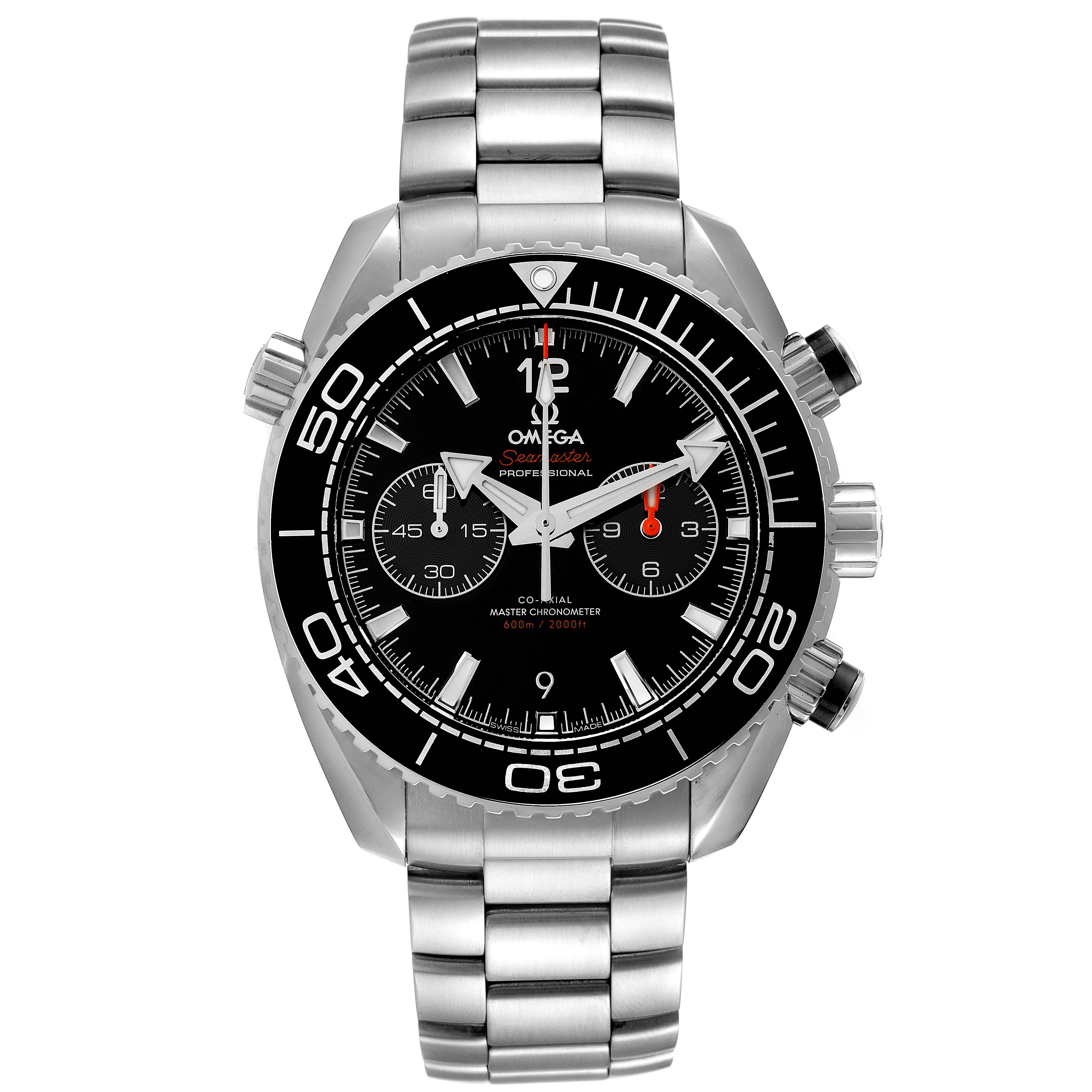 The image shows a front view of an Omega Planet Ocean 215.30.46.51.01.001 Men's Stainless Steel Black Dial 215.30.46.51.01.001 Men's Stainless Steel Black Dial watch, highlighting the dial, bezel, and metal bracelet.