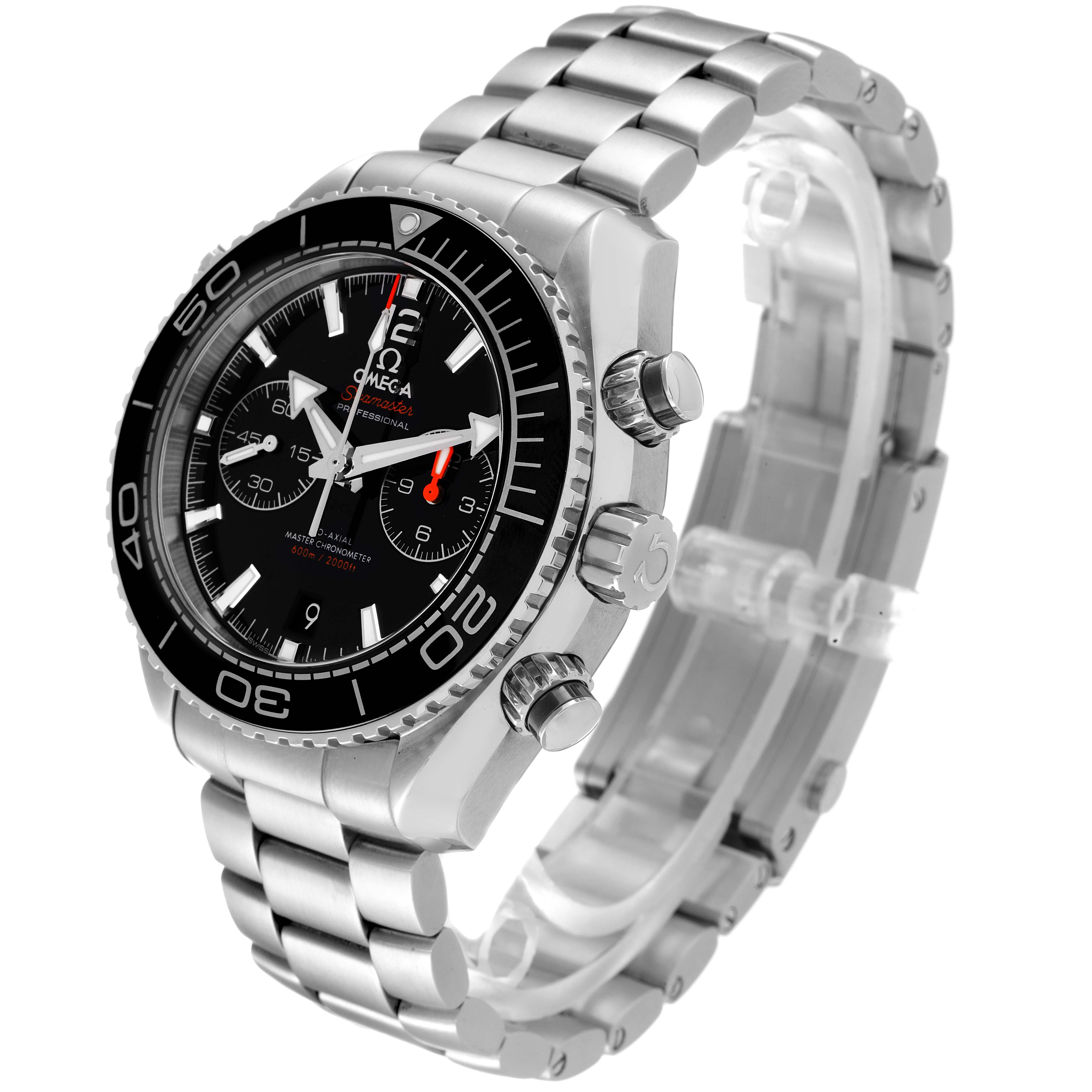 The image shows a side-angle view of the Omega Planet Ocean 215.30.46.51.01.001 Men's Stainless Steel Black Dial 215.30.46.51.01.001 Men's Stainless Steel Black Dial watch, highlighting the dial, bezel, and steel bracelet.