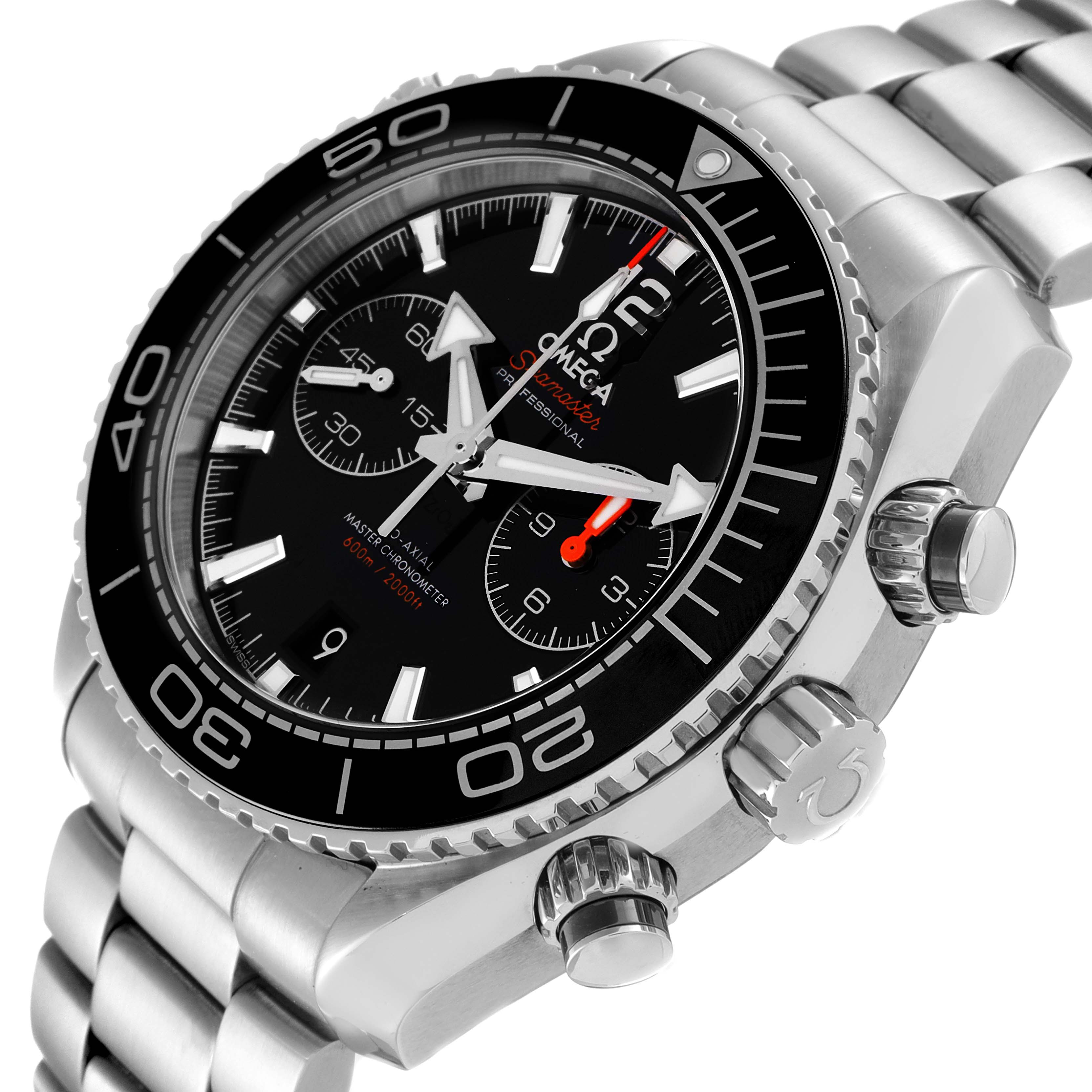 This image shows a close-up angle of the Omega Planet Ocean 215.30.46.51.01.001 Men's Stainless Steel Black Dial 215.30.46.51.01.001 Men's Stainless Steel Black Dial watch, focusing on the dial, bezel, crown, and chronograph buttons.