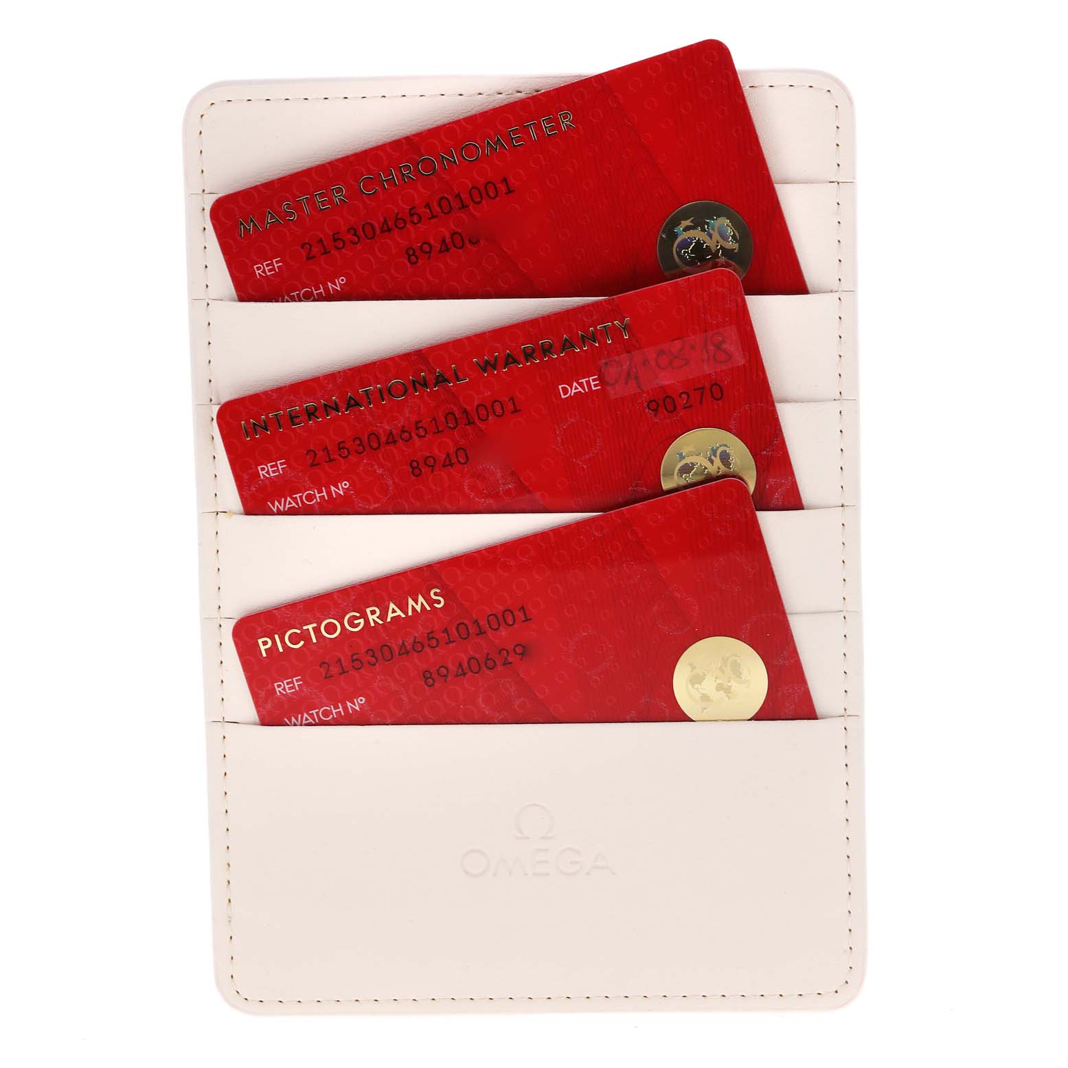 The image shows warranty cards for the Omega Planet Ocean 215.30.46.51.01.001 Men's Stainless Steel Black Dial 215.30.46.51.01.001 Men's Stainless Steel Black Dial watch, placed in a white holder with the Omega logo.