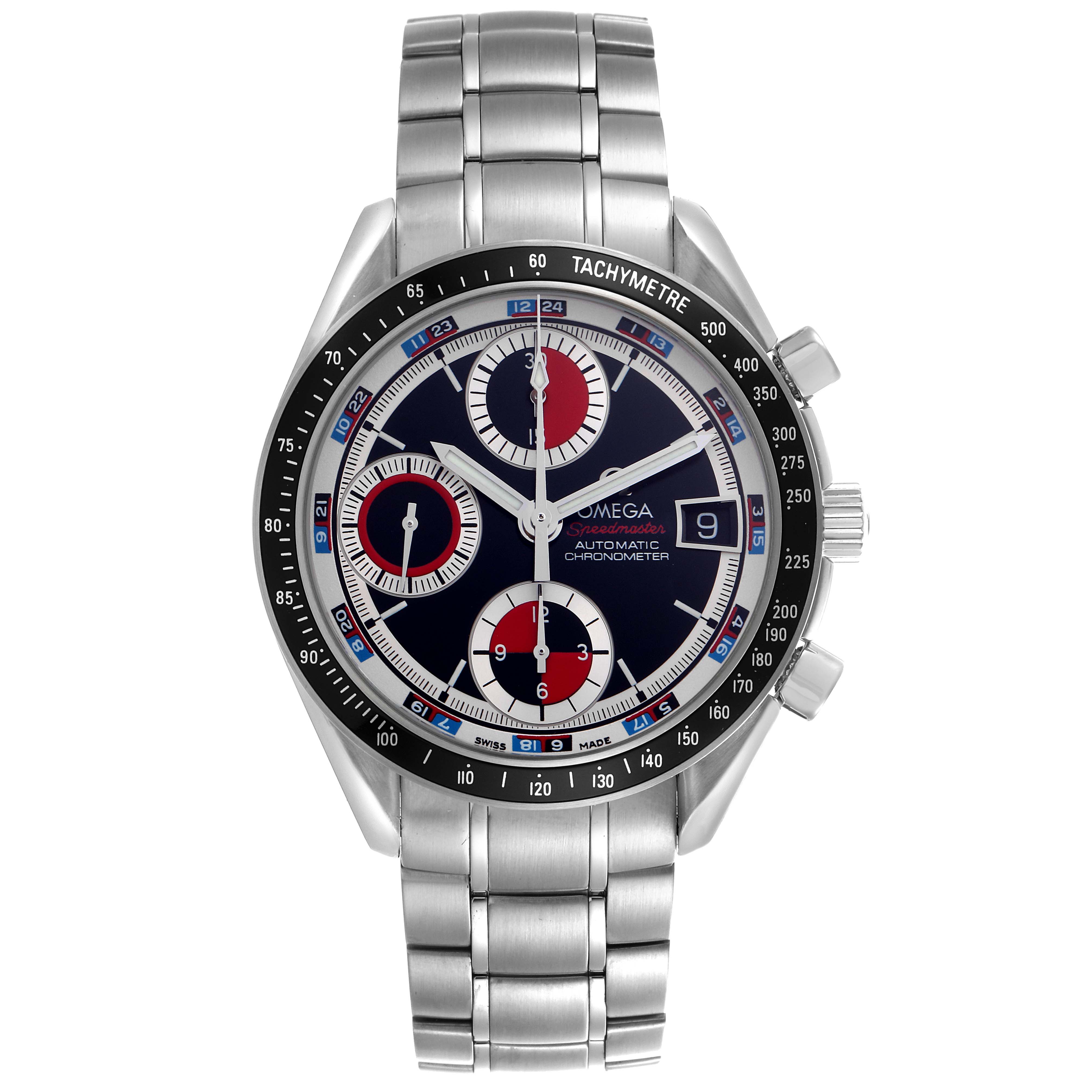 The Omega Speedmaster 3210.52.00 Men
s Stainless Steel Black Dial 3210.52.00 Men
s Stainless Steel Black Dial watch is shown from the front, displaying the dial, bezel, and bracelet.