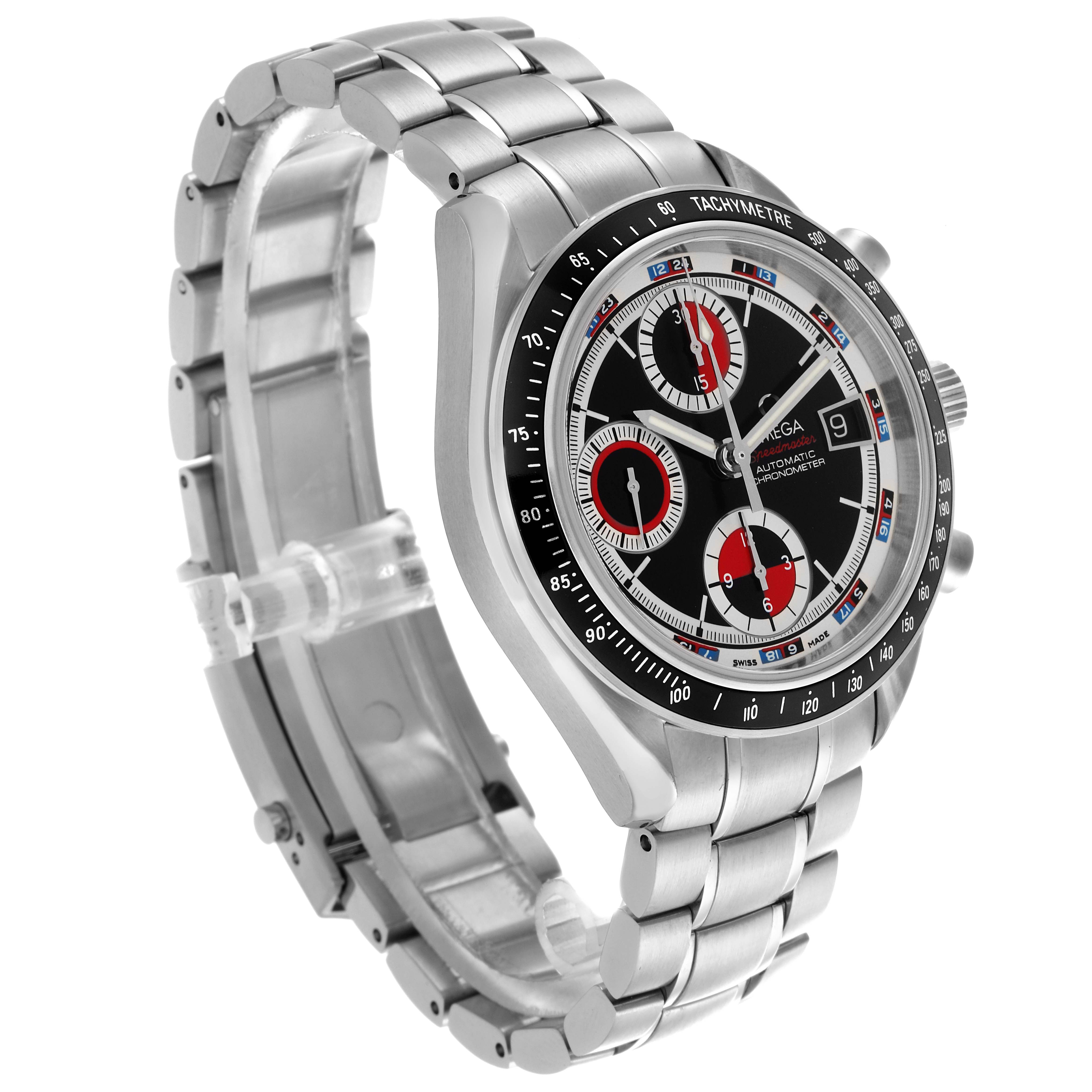 The Omega Speedmaster 3210.52.00 Men
s Stainless Steel Black Dial 3210.52.00 Men
s Stainless Steel Black Dial watch is shown at a slight angle, displaying the dial, bezel, crown, and part of the bracelet.