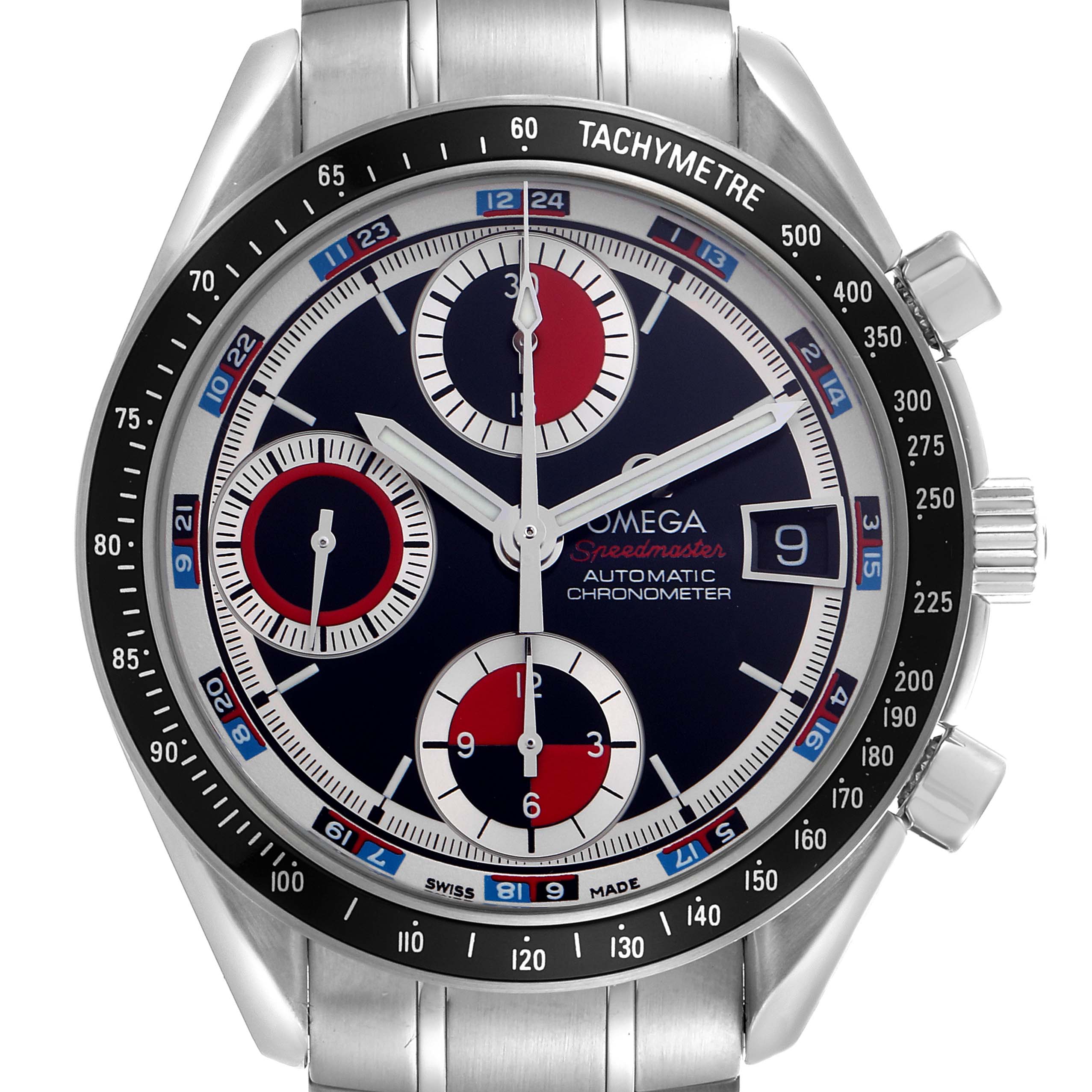 The Omega Speedmaster 3210.52.00 Men
s Stainless Steel Black Dial 3210.52.00 Men
s Stainless Steel Black Dial watch is shown from the front, highlighting the dial, subdials, and tachymeter bezel.