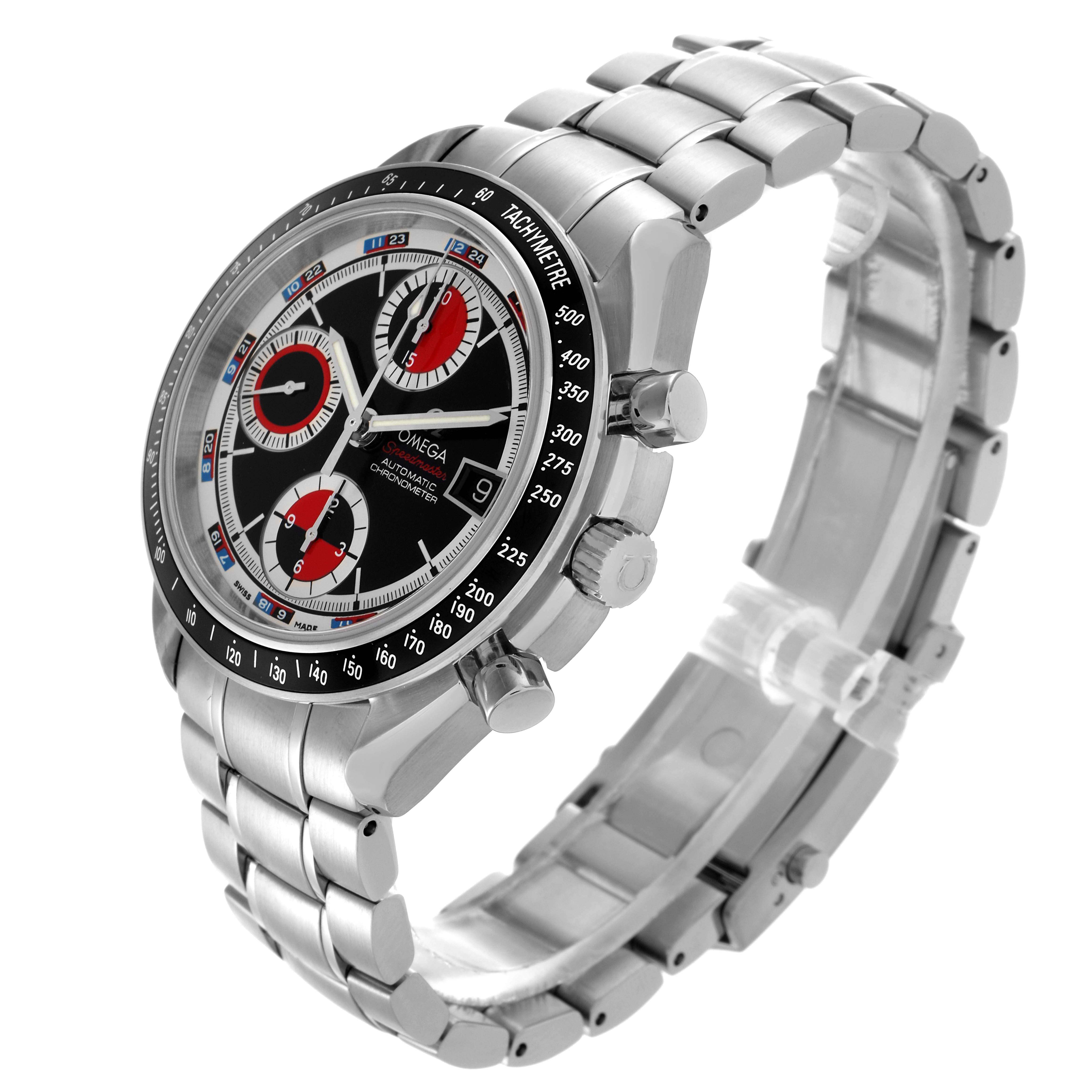 The Omega Speedmaster 3210.52.00 Men
s Stainless Steel Black Dial 3210.52.00 Men
s Stainless Steel Black Dial watch is shown from an angled side view, displaying the face, bezel, bracelet, and pushers.