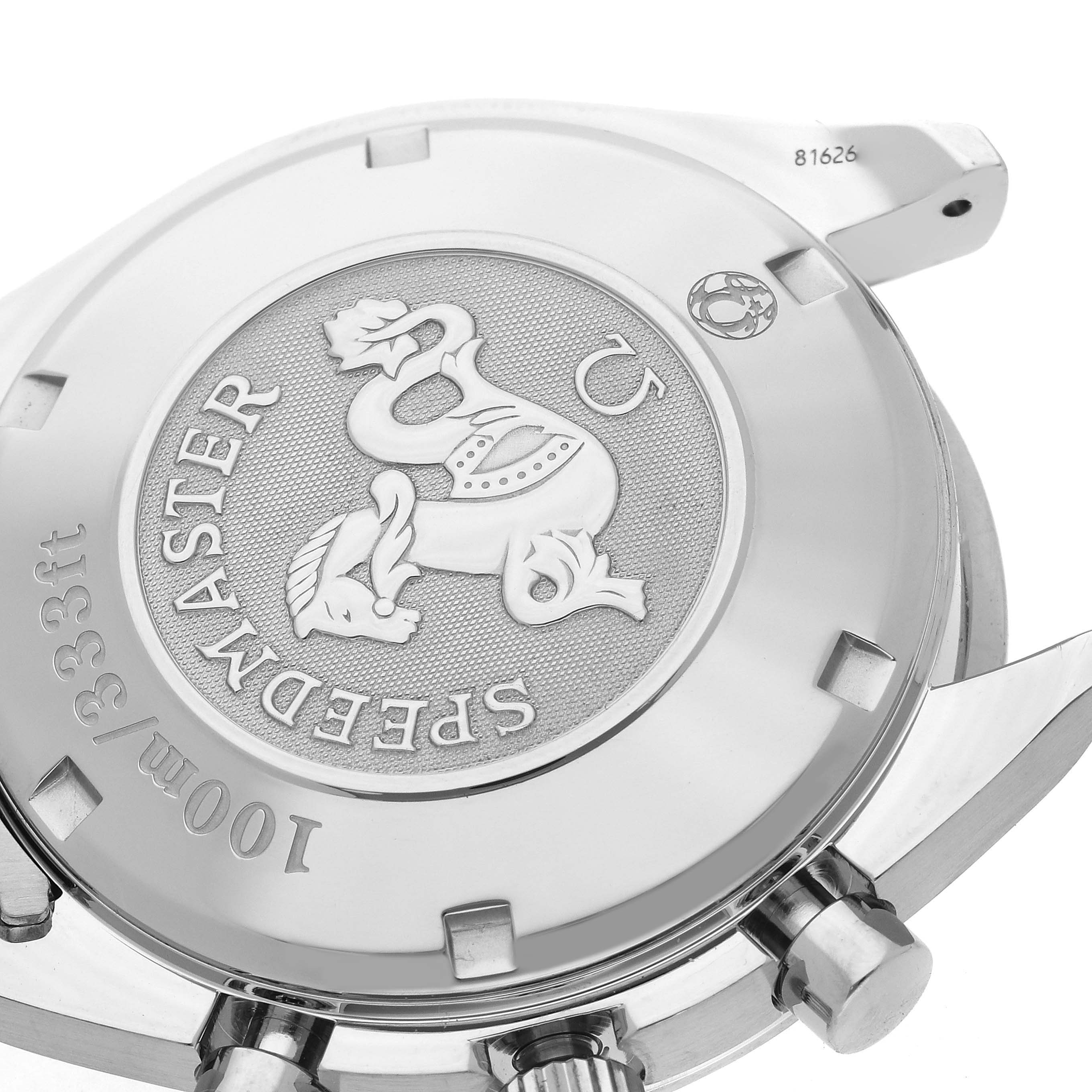 The image shows the case back of an Omega Speedmaster 3210.52.00 Men
s Stainless Steel Black Dial 3210.52.00 Men
s Stainless Steel Black Dial, highlighting the engraved emblem and water resistance details.