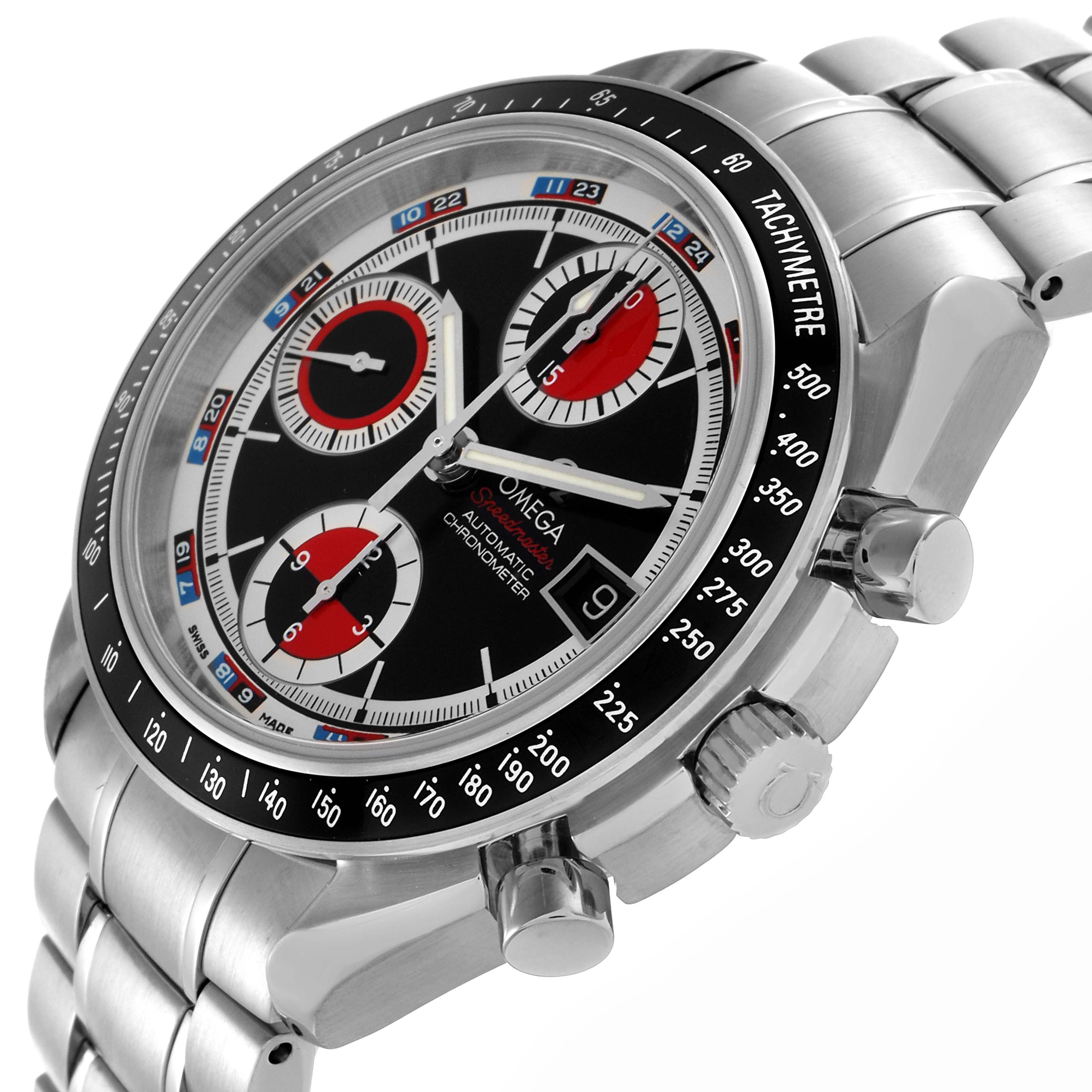 The Omega Speedmaster 3210.52.00 Men
s Stainless Steel Black Dial 3210.52.00 Men
s Stainless Steel Black Dial watch is shown at a slight angle, featuring the dial, bezel, crown, and bracelet.