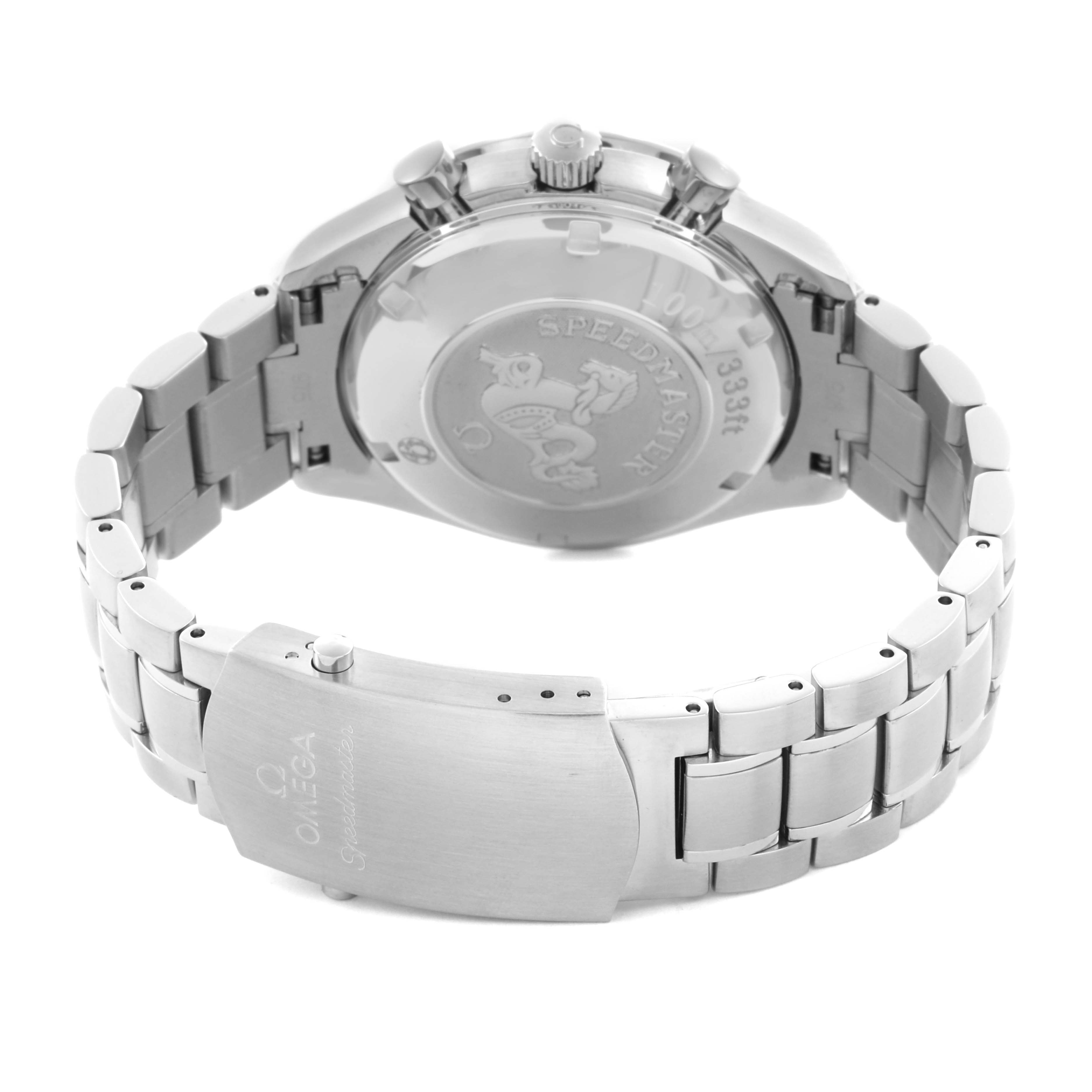 The image shows the back and clasp of an Omega Speedmaster 3210.52.00 Men
s Stainless Steel Black Dial 3210.52.00 Men
s Stainless Steel Black Dial watch, highlighting its bracelet and engraved case back.