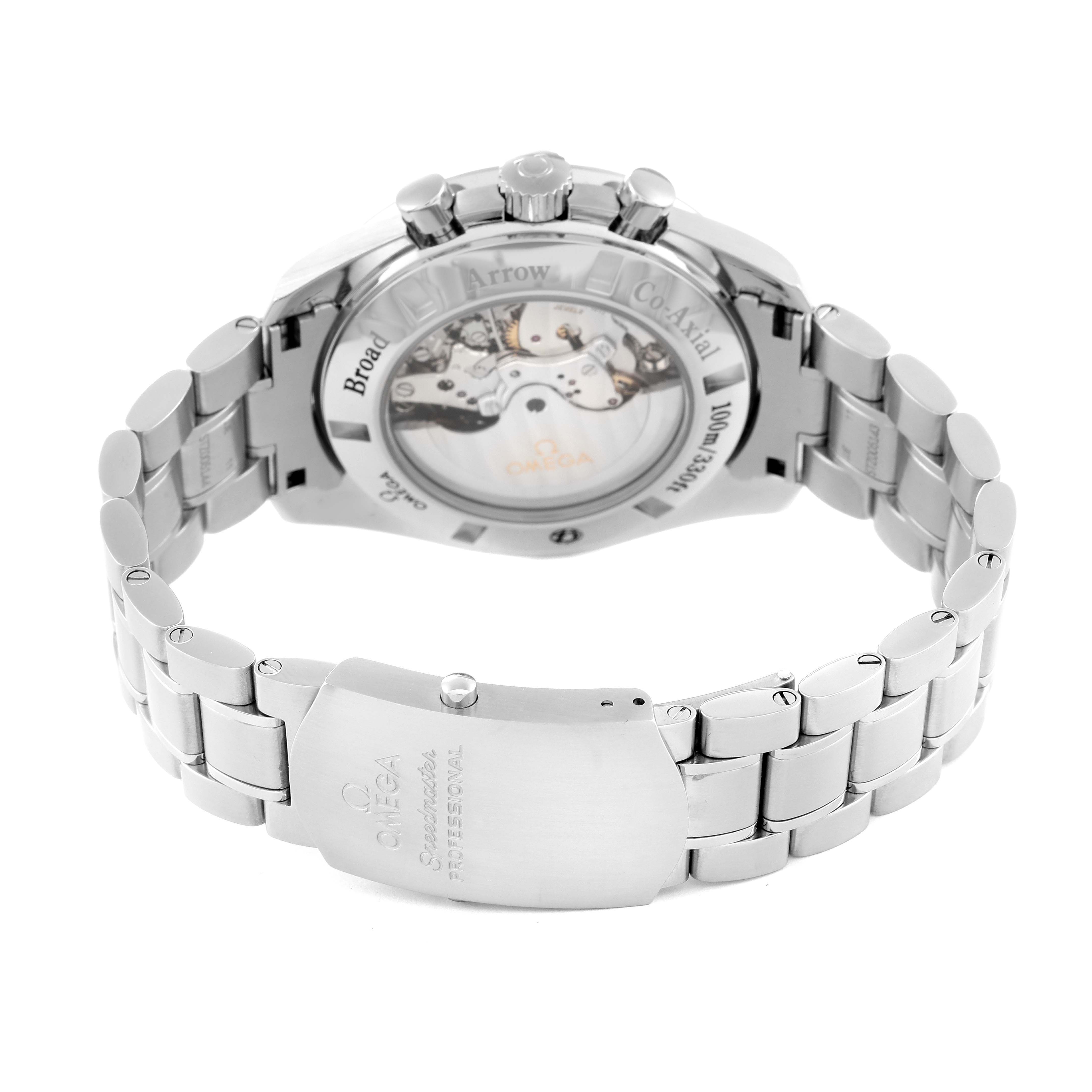 The image shows the back and bracelet of an Omega Speedmaster 321.10.44.50.02.001 Men
s Stainless Steel Silver Dial 321.10.44.50.02.001 Men
s Stainless Steel Silver Dial watch, highlighting the transparent case back and clasp.