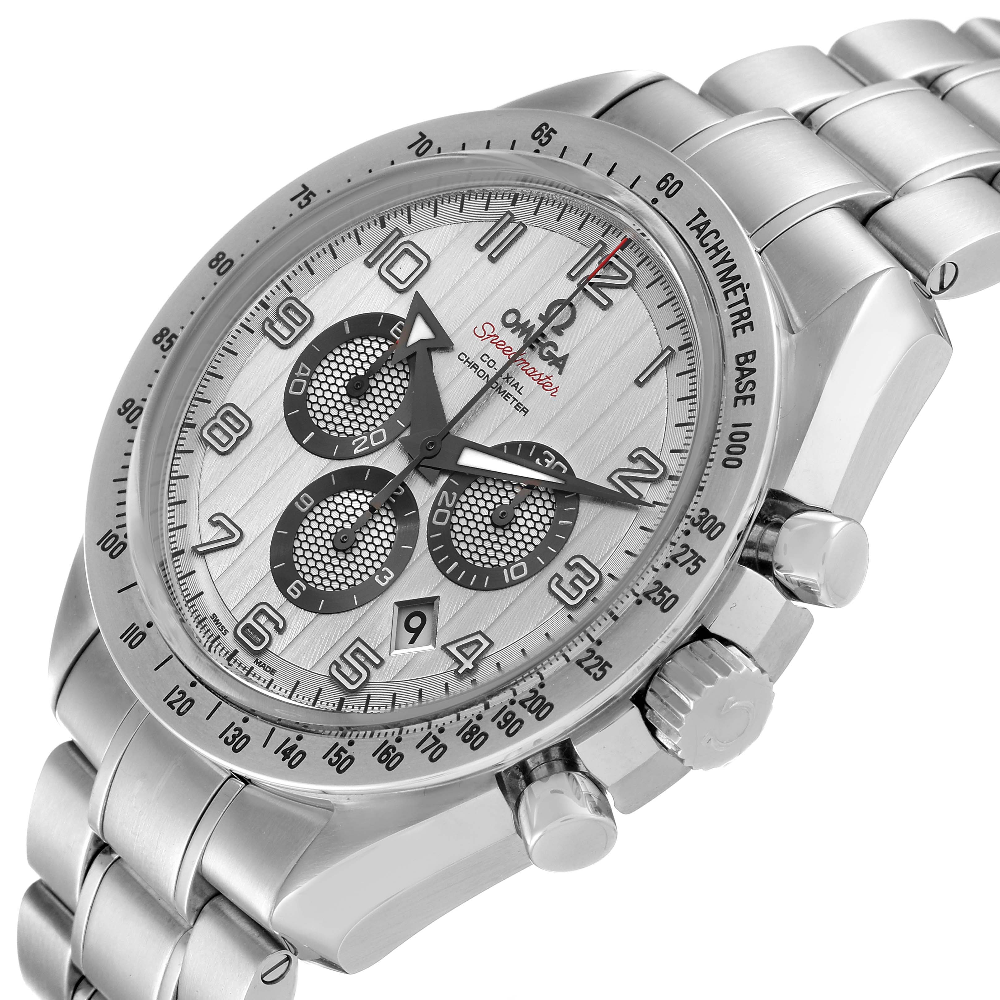 The image shows a close-up angled view of an Omega Speedmaster 321.10.44.50.02.001 Men
s Stainless Steel Silver Dial 321.10.44.50.02.001 Men
s Stainless Steel Silver Dial watch, highlighting the face, bezel, and bracelet.