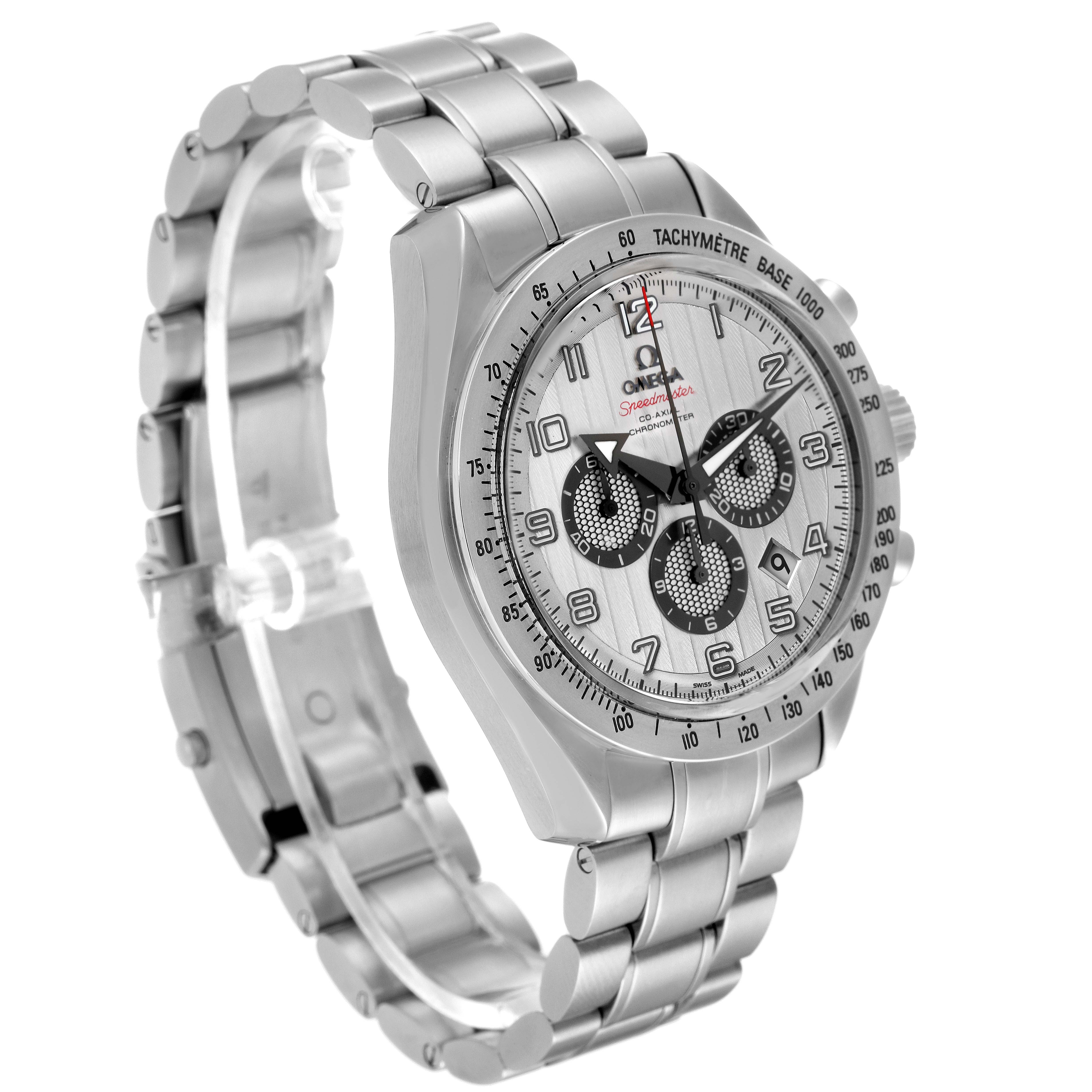 The image shows a side and front angled view of an Omega Speedmaster 321.10.44.50.02.001 Men
s Stainless Steel Silver Dial 321.10.44.50.02.001 Men
s Stainless Steel Silver Dial wristwatch with a metal band and tachymeter bezel.