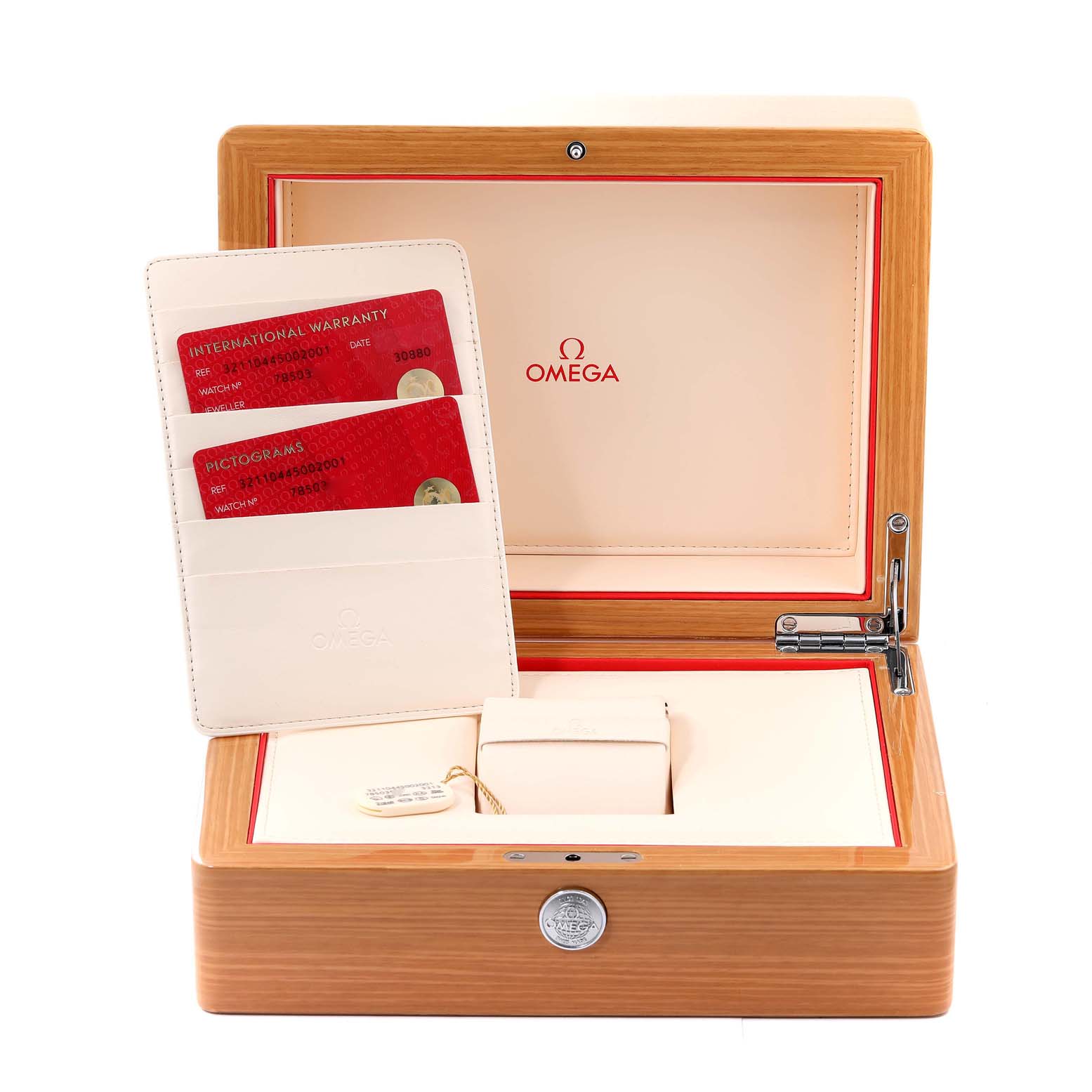 The image shows the Omega Speedmaster 321.10.44.50.02.001 Men
s Stainless Steel Silver Dial 321.10.44.50.02.001 Men
s Stainless Steel Silver Dial
s wooden presentation box, warranty cardholder, and additional accessories from a top angle.