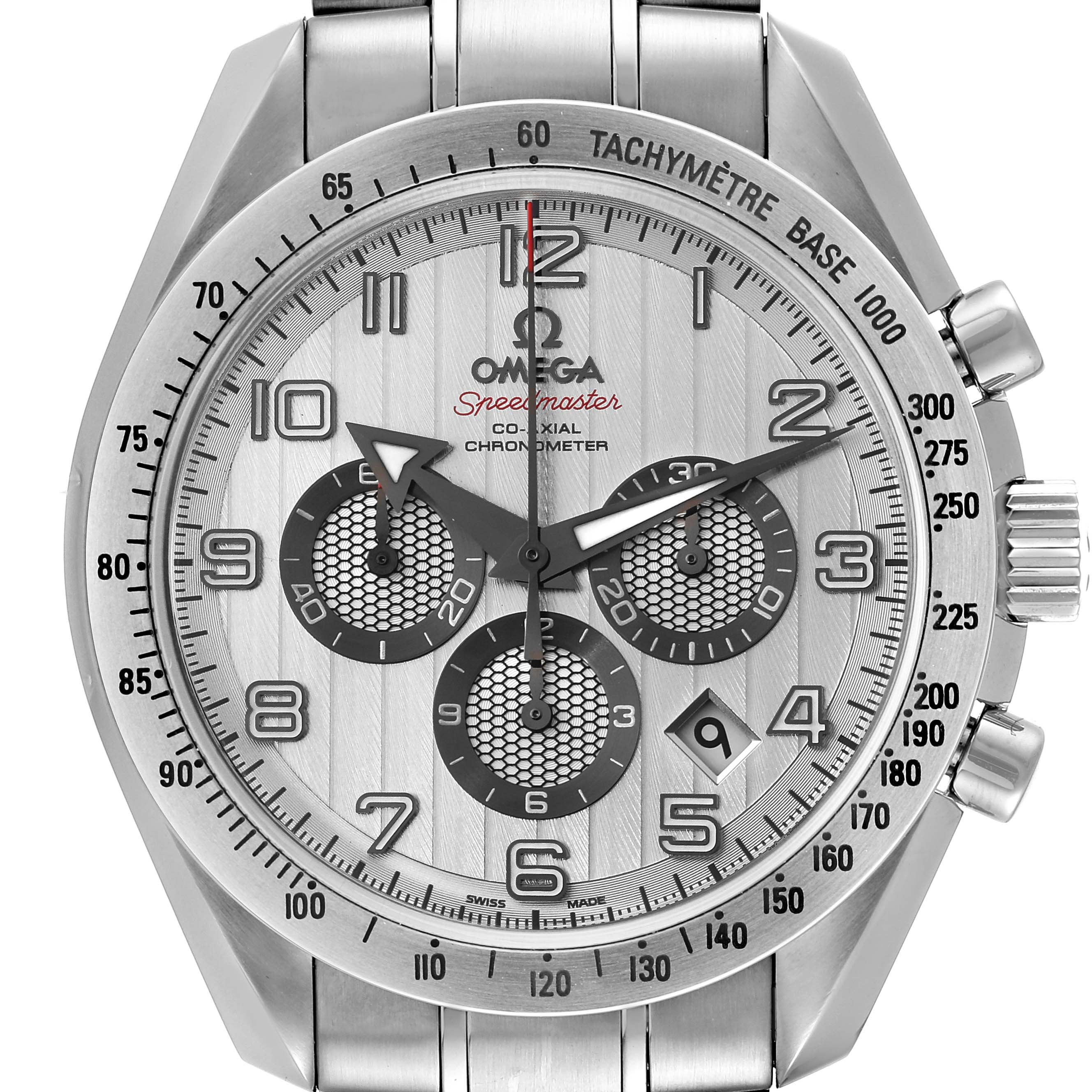 This image shows a frontal view of the Omega Speedmaster 321.10.44.50.02.001 Men
s Stainless Steel Silver Dial 321.10.44.50.02.001 Men
s Stainless Steel Silver Dial watch, highlighting its dial, sub-dials, tachymeter scale, and crown.