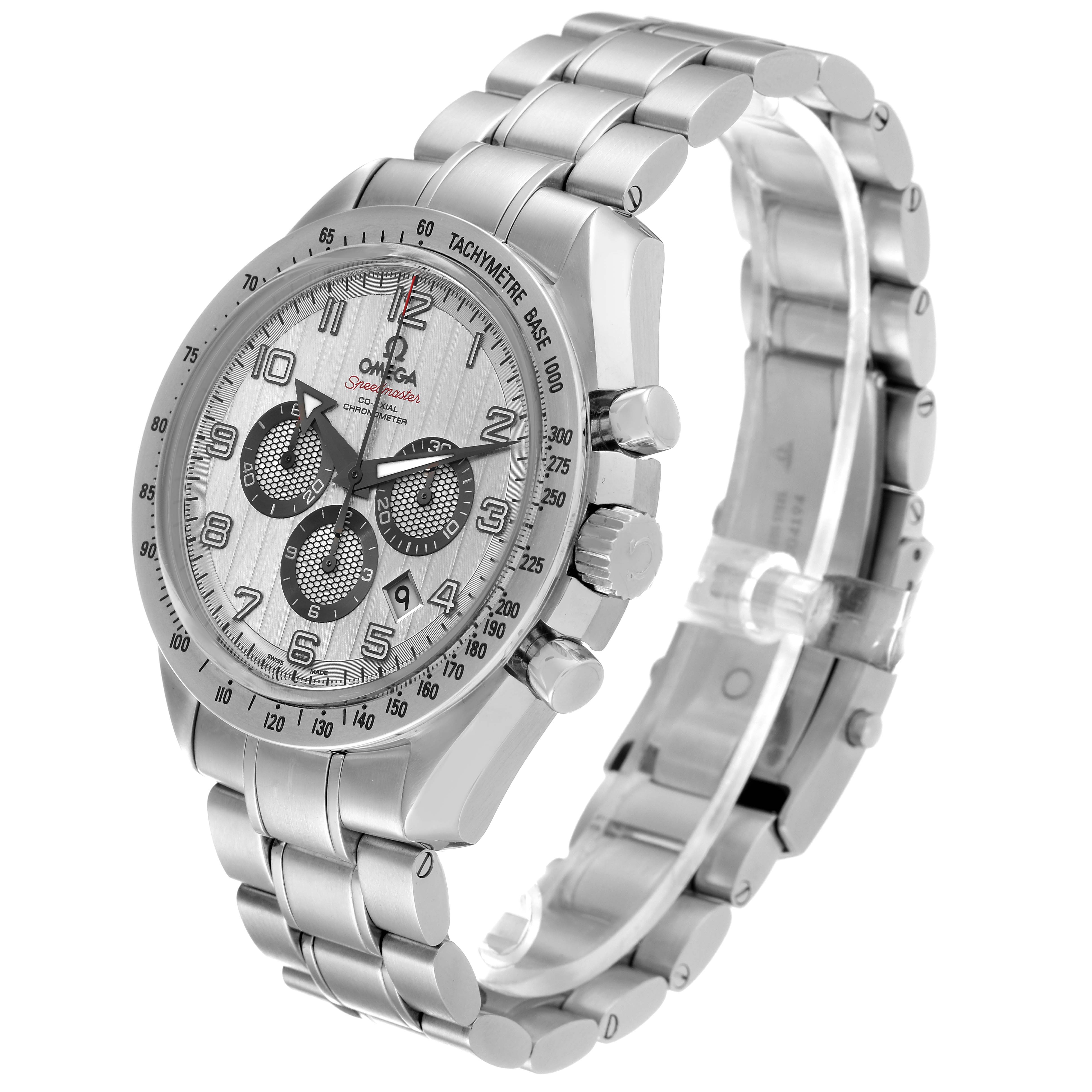 The Omega Speedmaster 321.10.44.50.02.001 Men
s Stainless Steel Silver Dial 321.10.44.50.02.001 Men
s Stainless Steel Silver Dial watch is shown at a slight angle from the front, highlighting its dial, case, and metal bracelet.