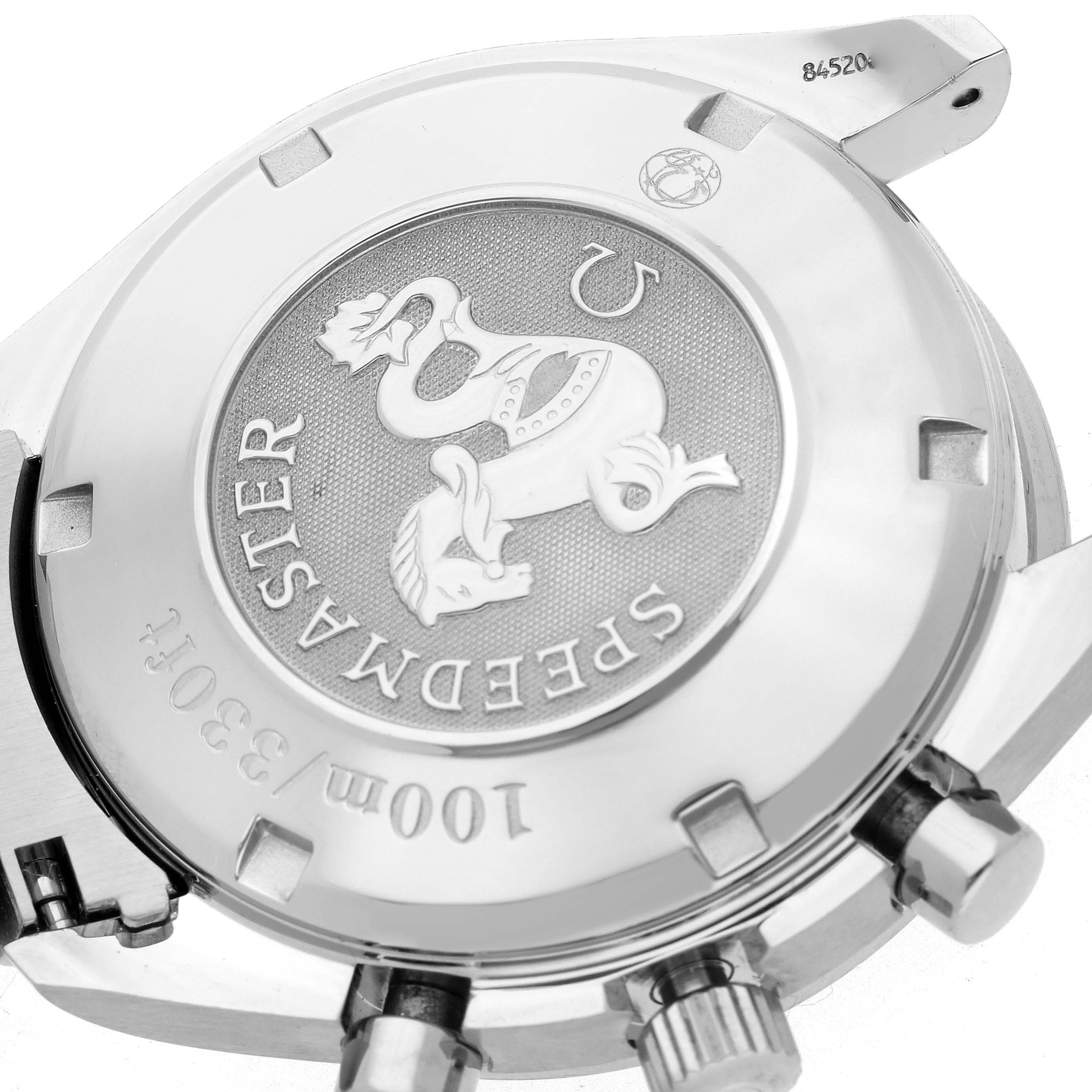 The image shows the back of an Omega Speedmaster 3210.50.00 Men's Stainless Steel Black Dial 3210.50.00 Men's Stainless Steel Black Dial, highlighting the engraved emblem and part of the caseback.