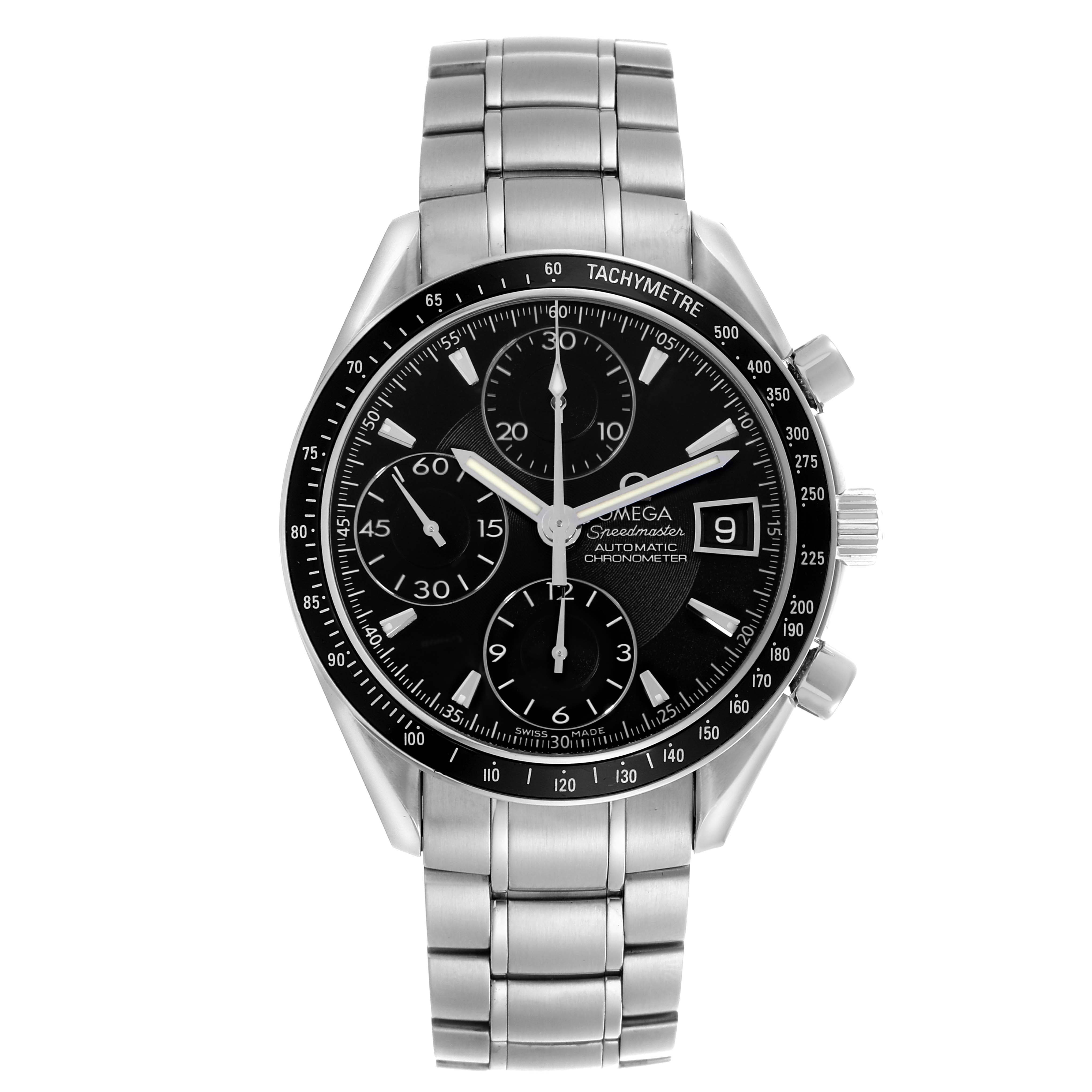 The Omega Speedmaster 3210.50.00 Men's Stainless Steel Black Dial 3210.50.00 Men's Stainless Steel Black Dial watch is shown front-on, displaying the face, bezel, subdials, crown, and metal bracelet.
