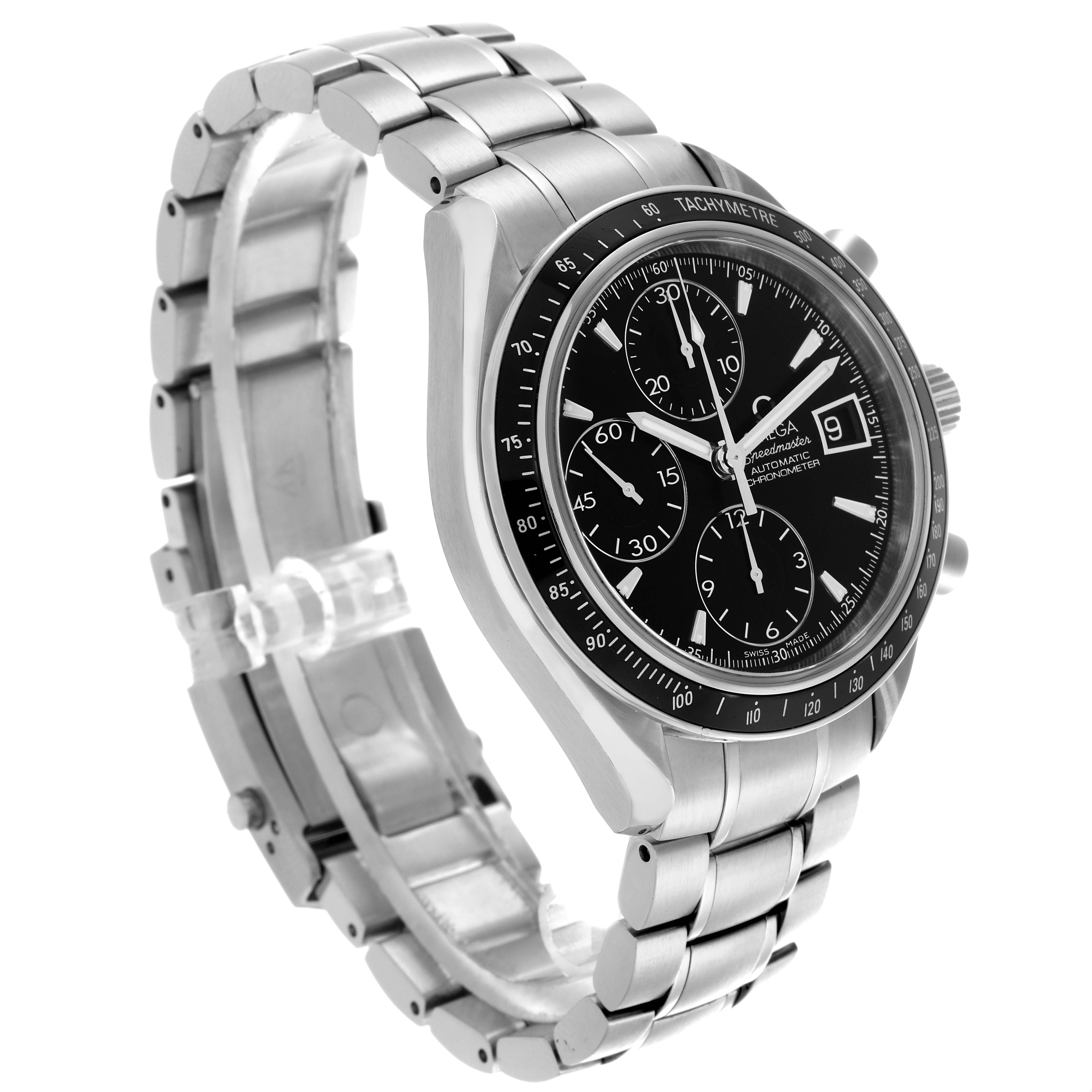 The Omega Speedmaster 3210.50.00 Men's Stainless Steel Black Dial 3210.50.00 Men's Stainless Steel Black Dial watch is shown from an angled side view, highlighting its face, bezel, crown, pushers, and stainless steel bracelet.