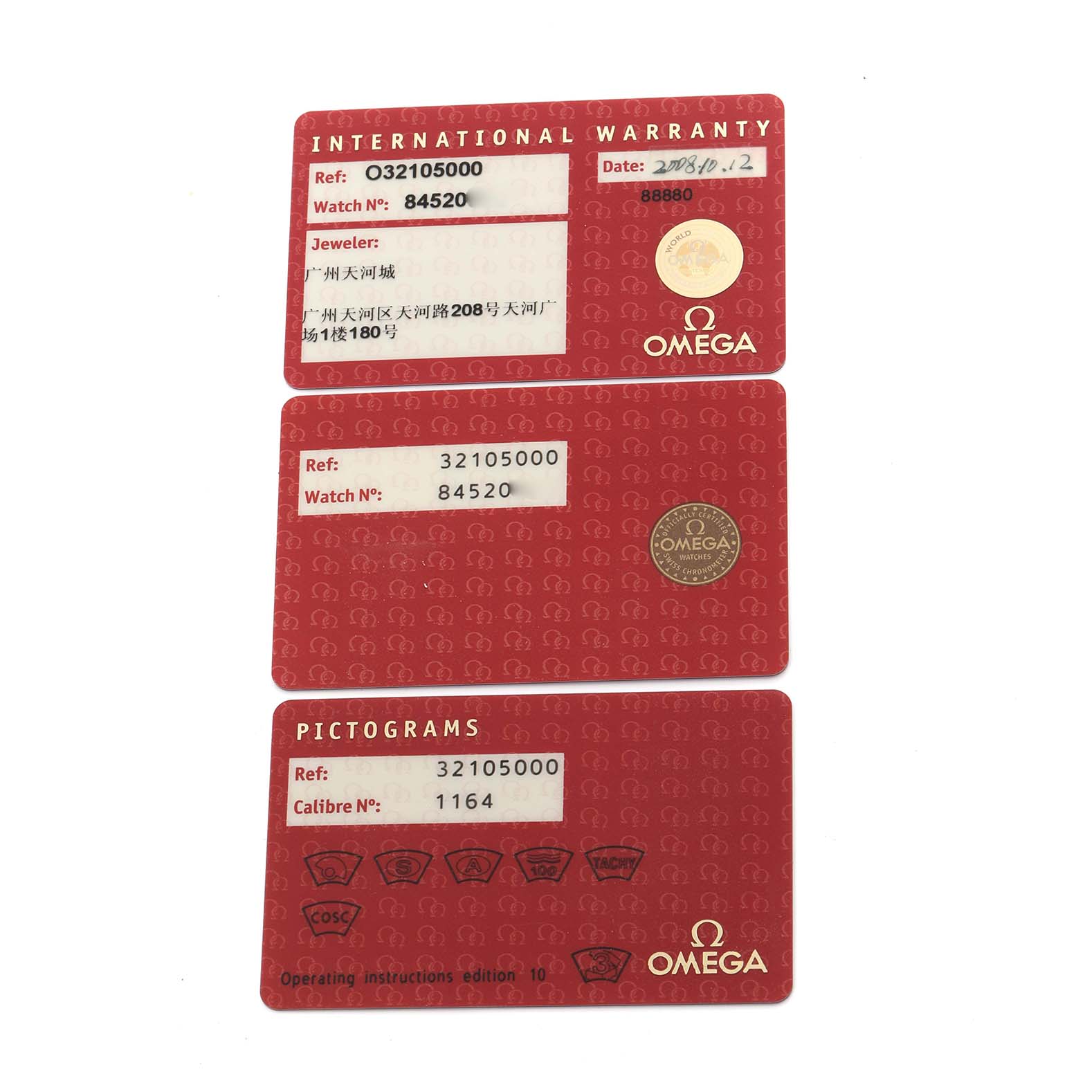 The image shows three Omega Speedmaster 3210.50.00 Men's Stainless Steel Black Dial 3210.50.00 Men's Stainless Steel Black Dial warranty and pictogram cards viewed from above.