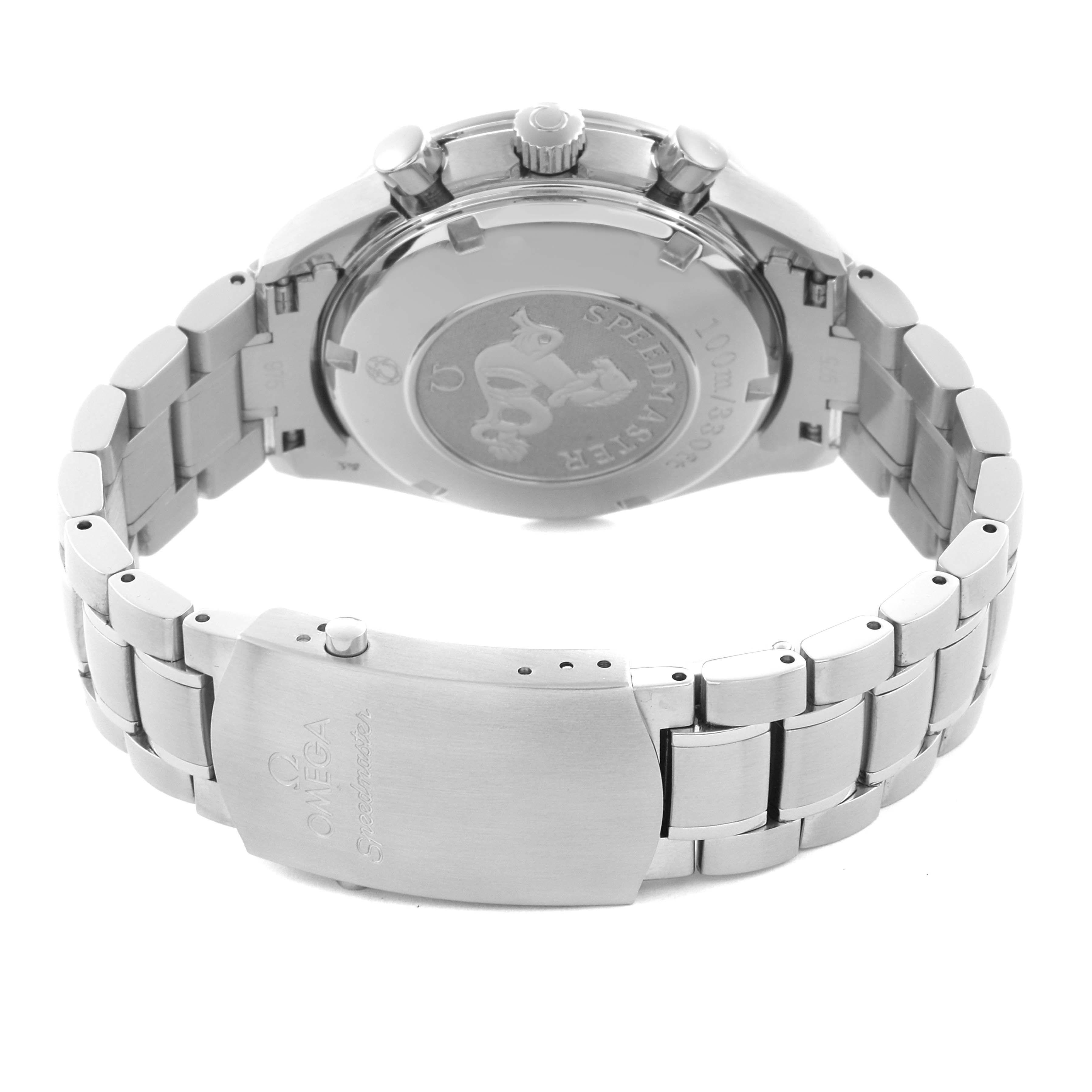 The image shows the back of an Omega Speedmaster 3210.50.00 Men's Stainless Steel Black Dial 3210.50.00 Men's Stainless Steel Black Dial watch, highlighting the case back and metal bracelet clasp.