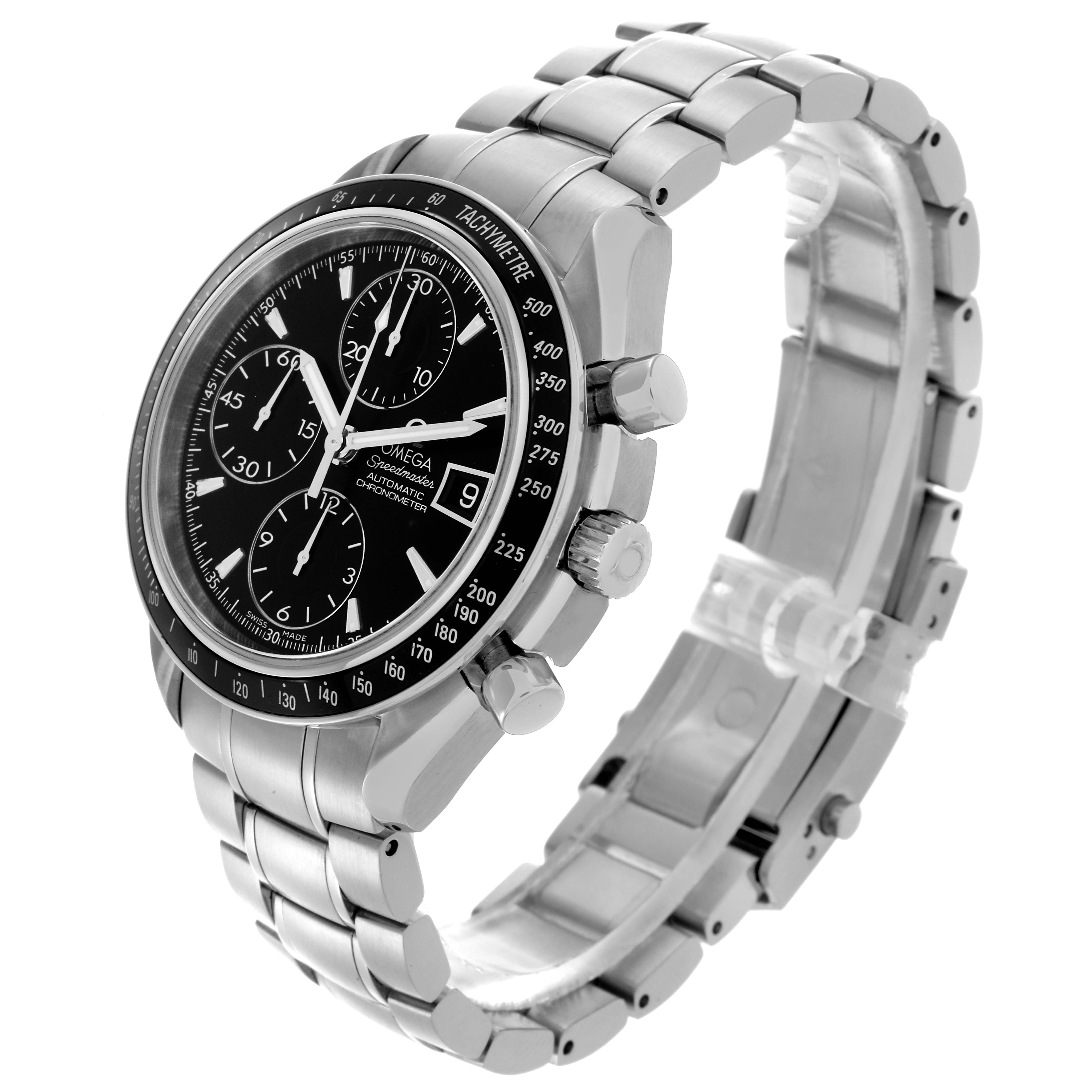 The image shows an Omega Speedmaster 3210.50.00 Men's Stainless Steel Black Dial 3210.50.00 Men's Stainless Steel Black Dial from a side angle, highlighting the dial, bezel, chronograph buttons, and metal bracelet.