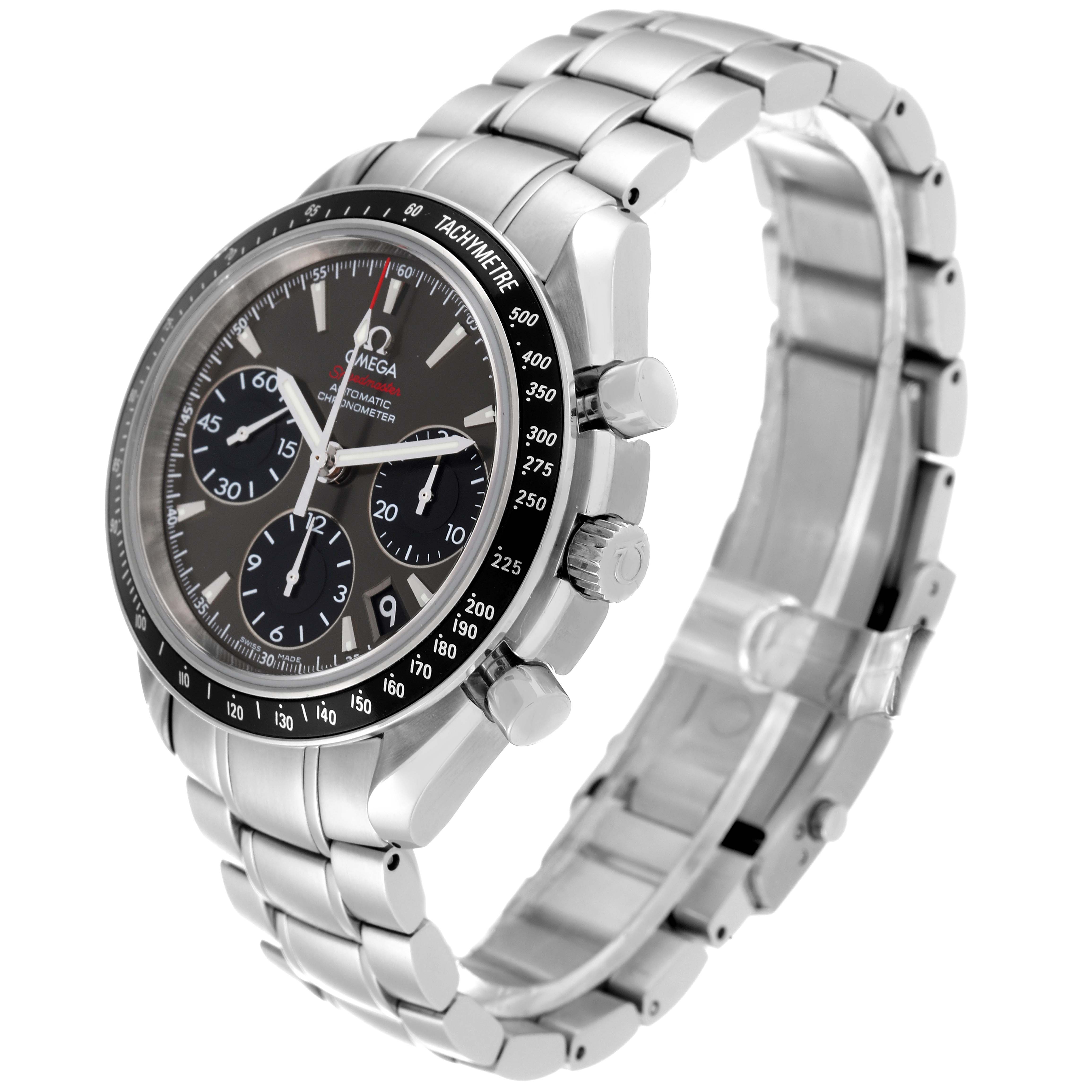 The Omega Speedmaster 323.30.40.40.06.001 Men's Stainless Steel Grey Dial watch is shown at a three-quarter angle, highlighting the face, bezel, and stainless steel bracelet.